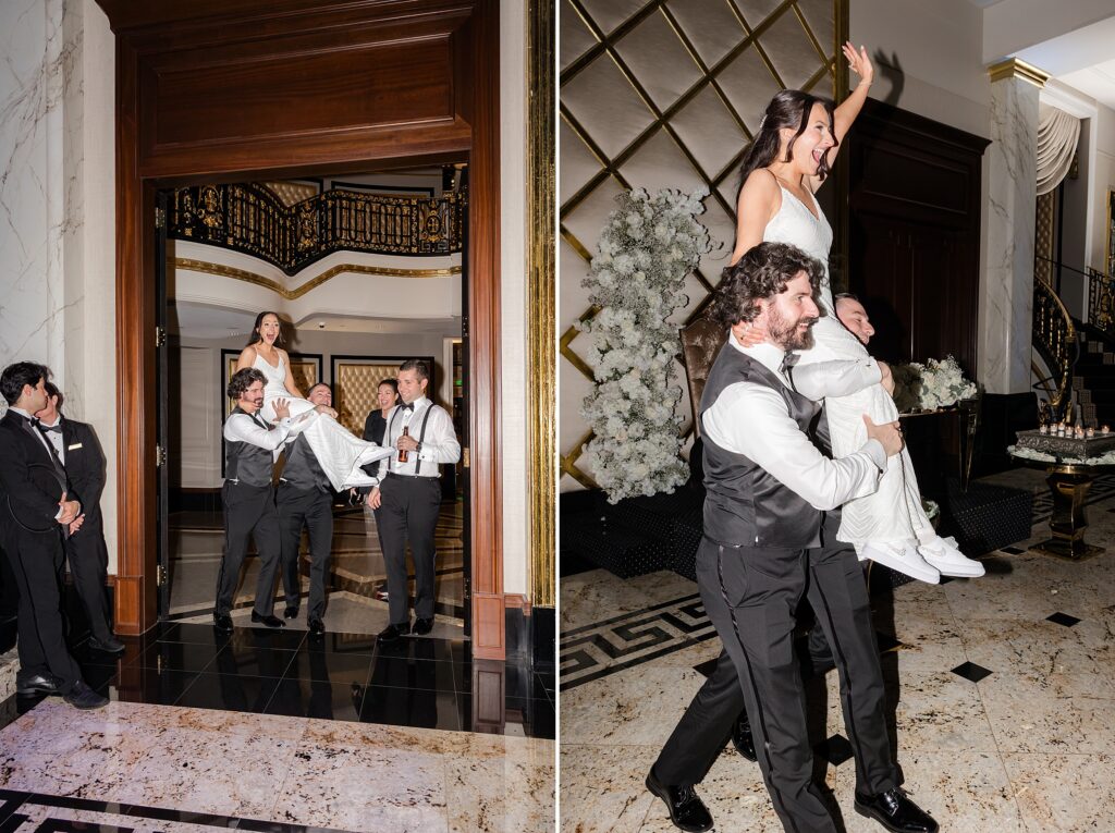 Bride is being carried by multiple groomsmen on their shoulders 