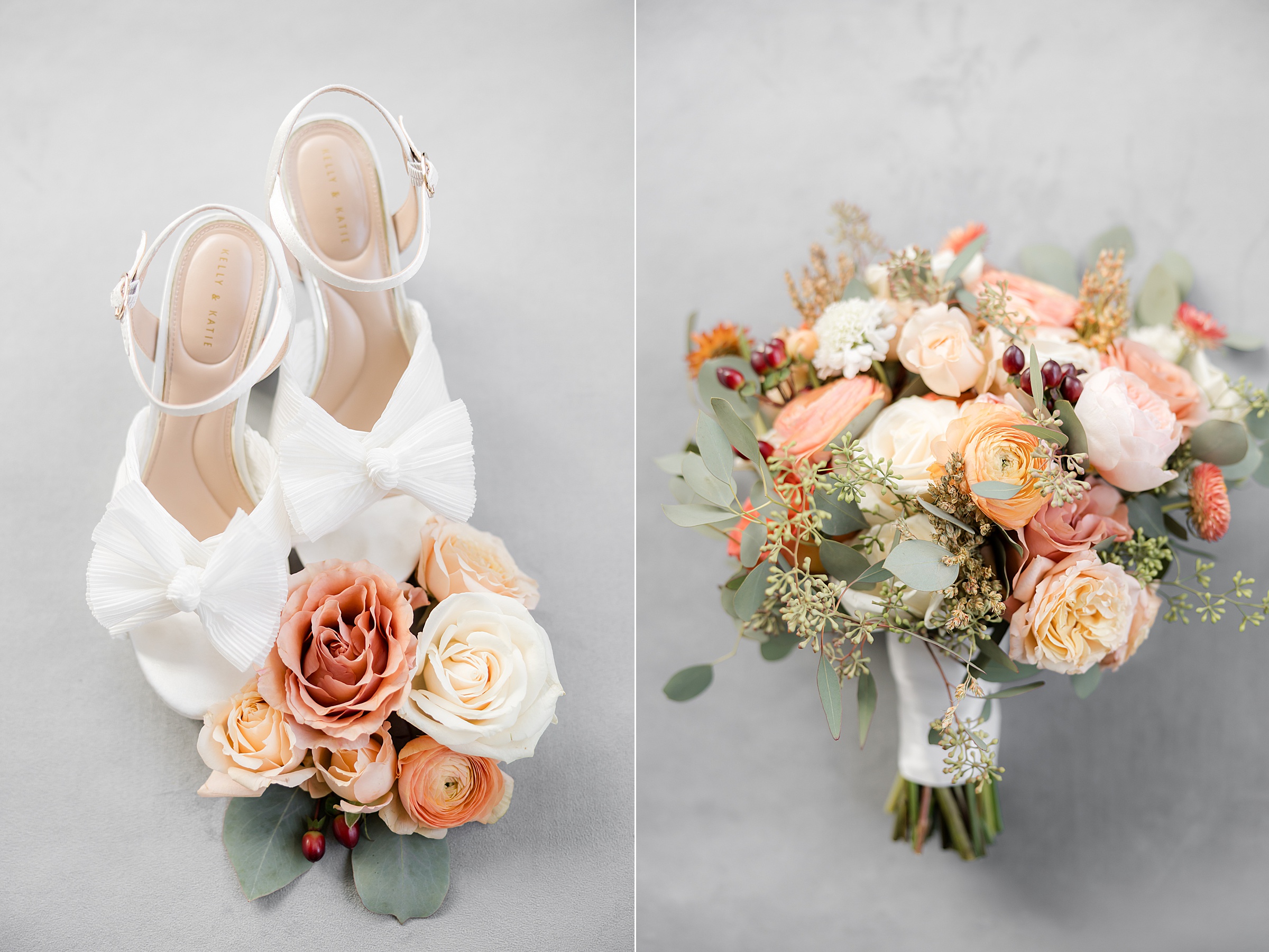 Bridal shoes with bows beside flowers and bouquet of peach and cream flowers
