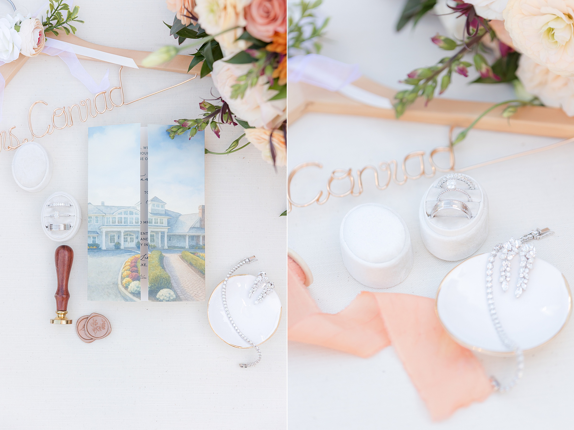 Wedding flat lay featuring a personalized “Mrs. Conrad” hanger, illustrated wedding invitation, wax seal, ring box, rings, jewelry, ribbon, and floral bouquet accents arranged on a light background.