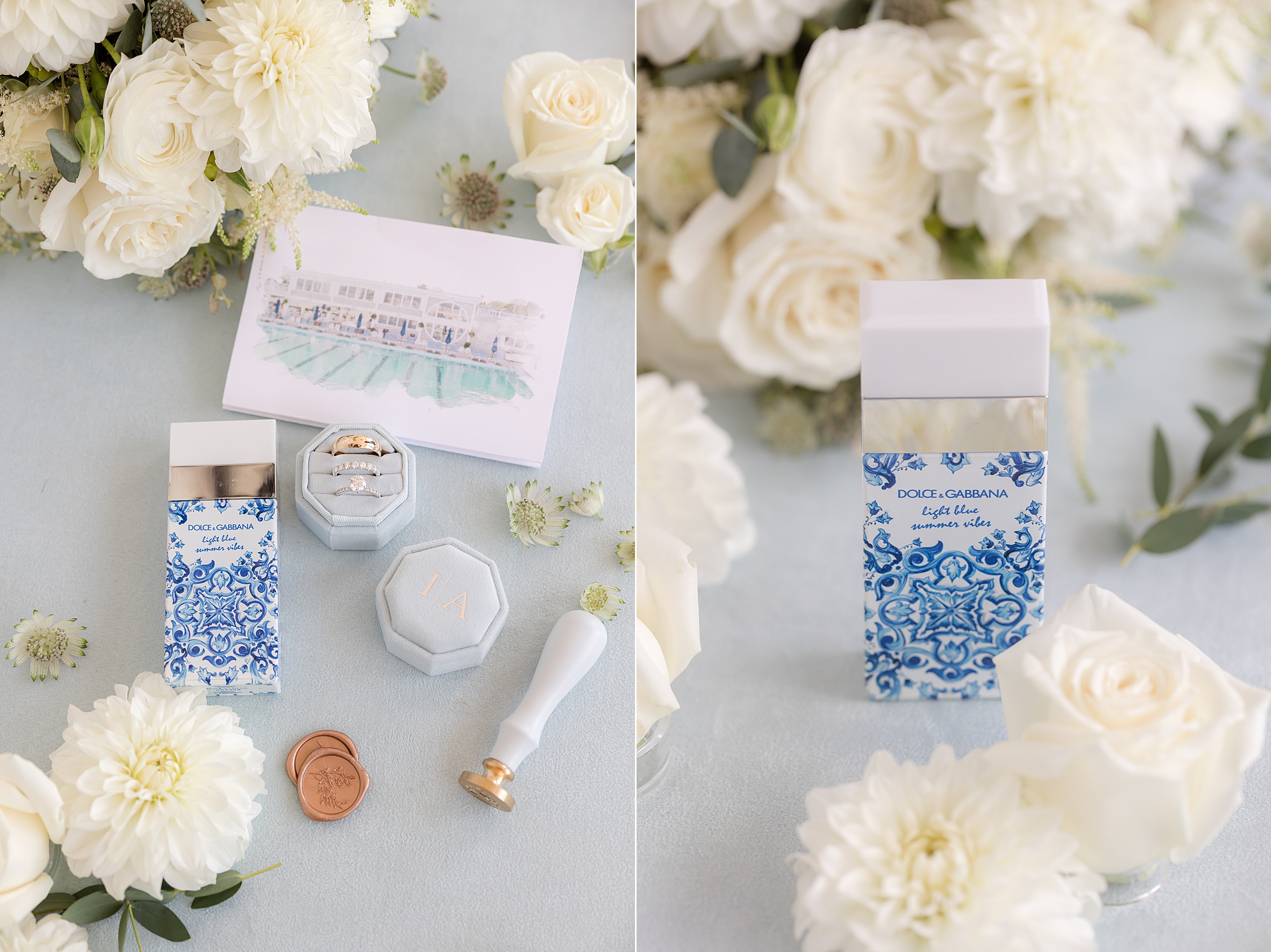 Dolce & Gabbana Light Blue perfume bottle, rings, wax seal, and styling details arranged with white flowers.