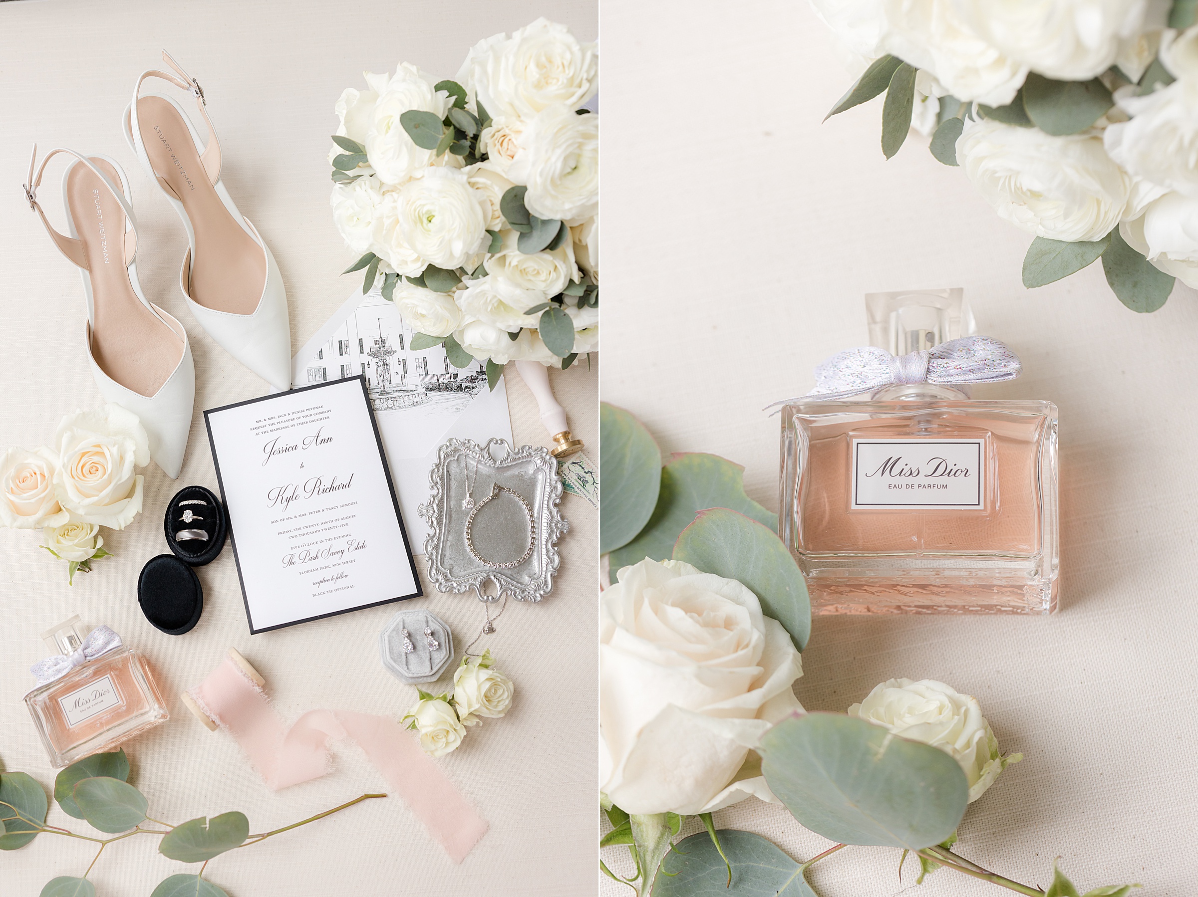 Detail shot of bridal items including white pumps, black and white invites, silver jewelry, and Miss Dior perfume, surrounded by white roses and green leaves