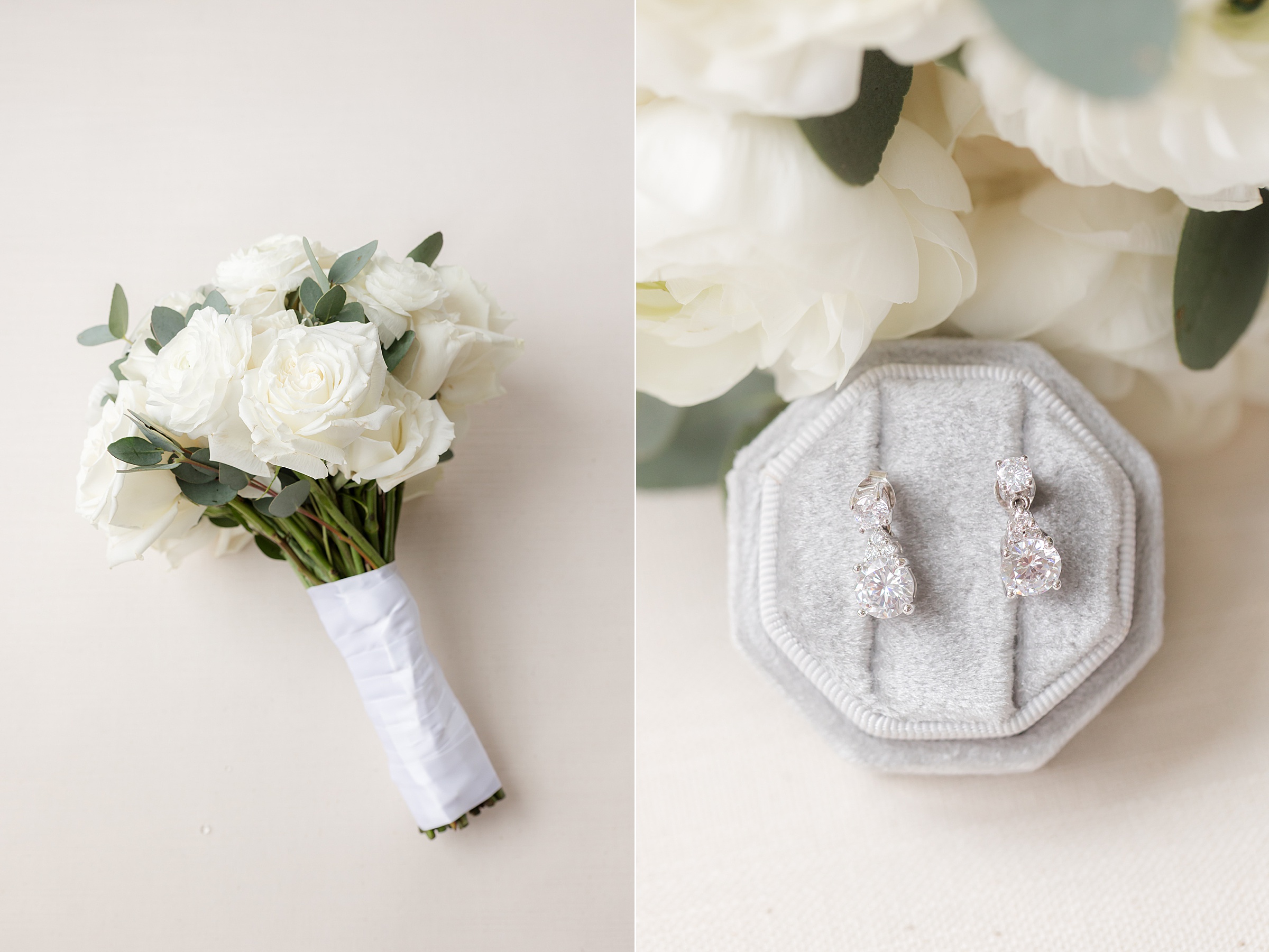 All-white rose bouquet with green leaves, and a photo of diamond earrings in silver setting