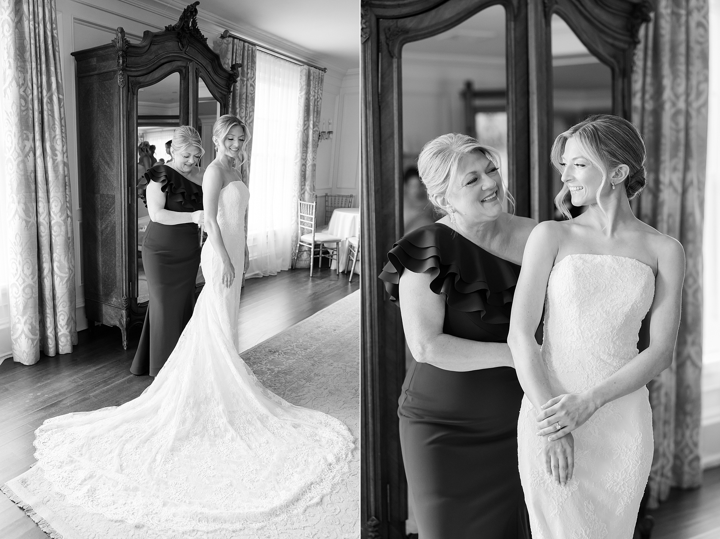 Black and white photos of the bride and her mother getting ready in front of the wardrobe. Bride is wearing her lace wedding dress with a round train
