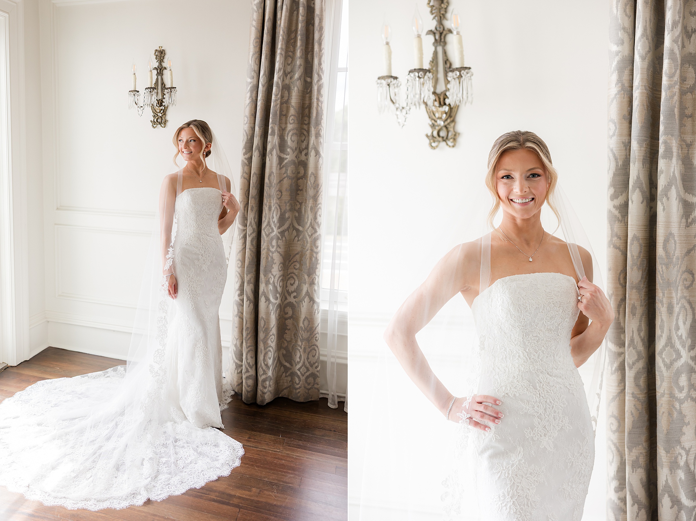 Full body portrait of bride looking out the window, and another photo with her hands on her hips and the other holding her veil, while looking at the camera