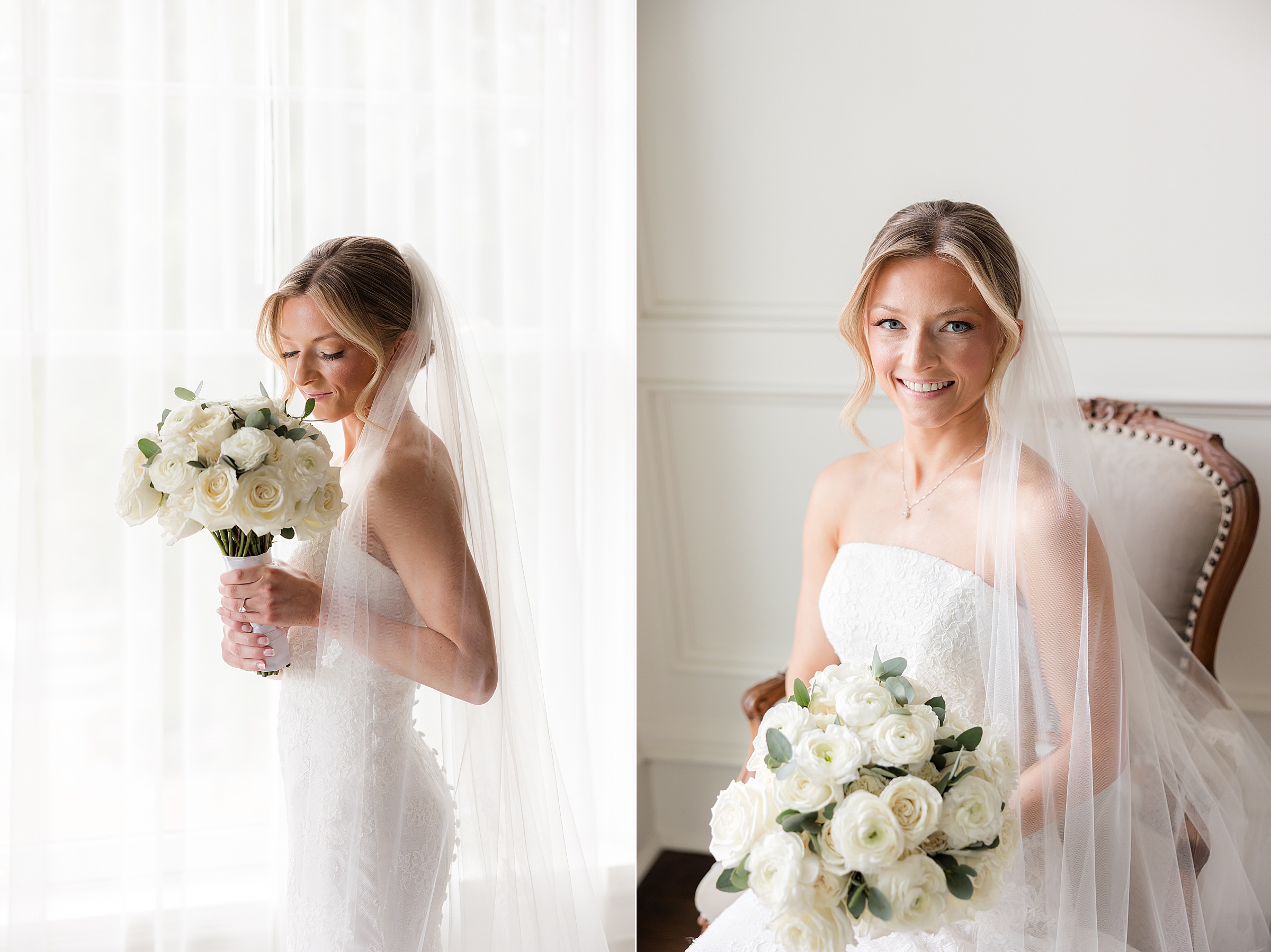 Half-body photos of the bride holding an all-white rose bouquet. On the right is her standing by the window smelling the flowers, and on the left is her seated, bouquet lowered, and looking into the camera