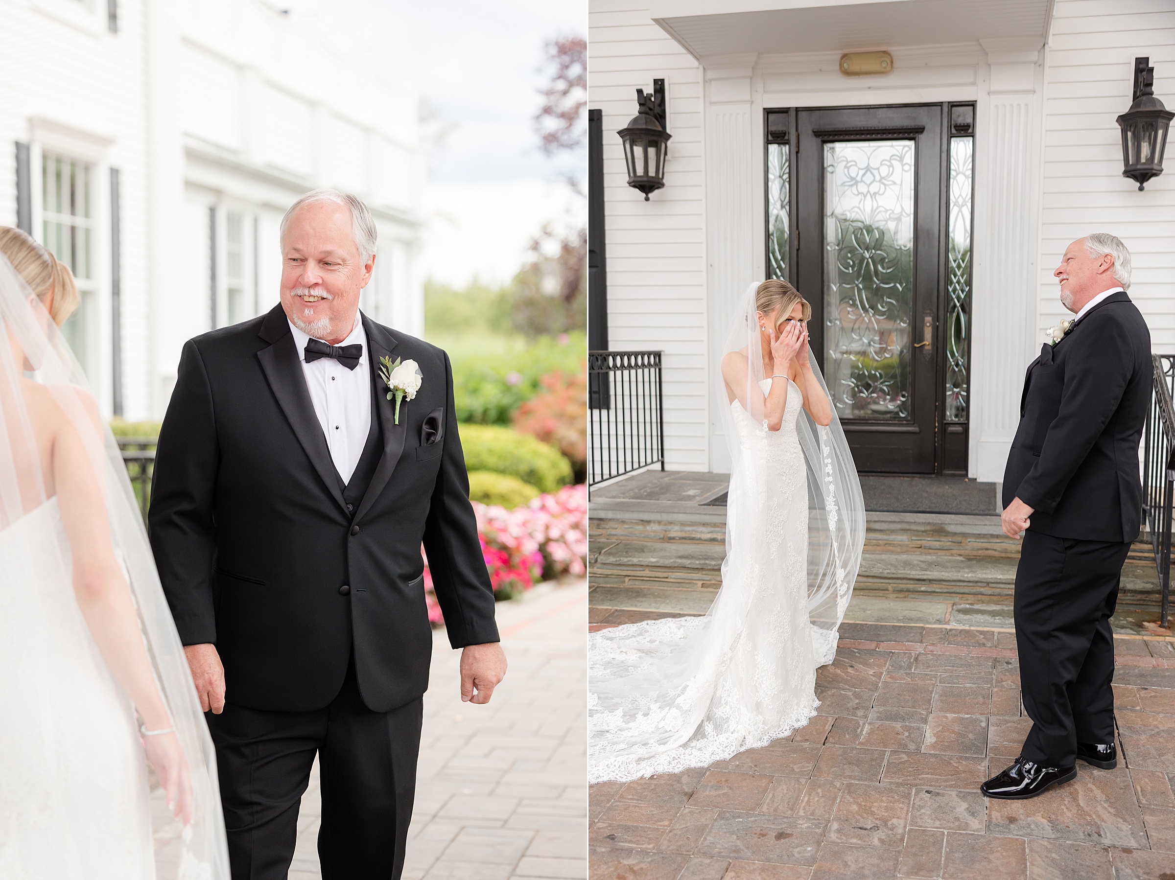 Bride's first look with dad. Bride cups her face while her dad looks at her lovingly