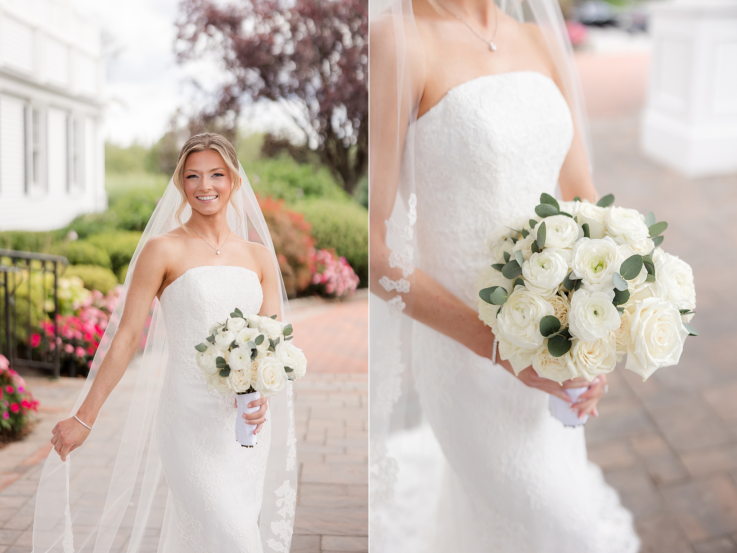 Photos of the bride holding her veil and bouquet while smiling at the camera