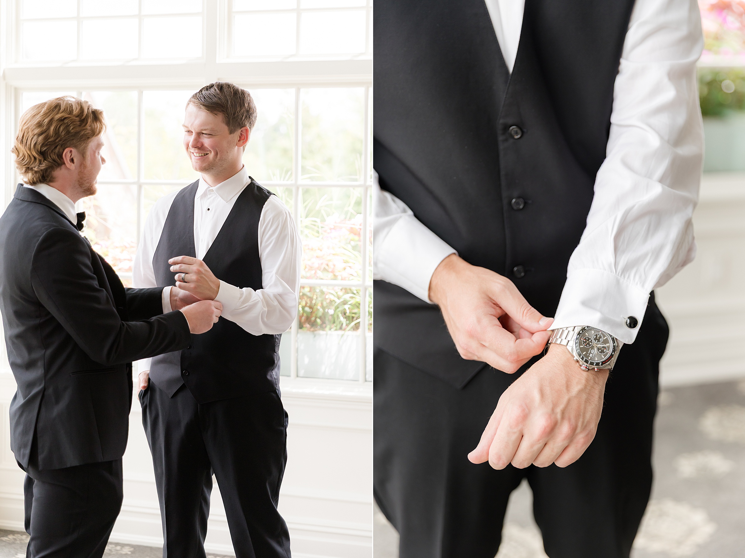 Photos of groom getting ready and being helped by a groomsman