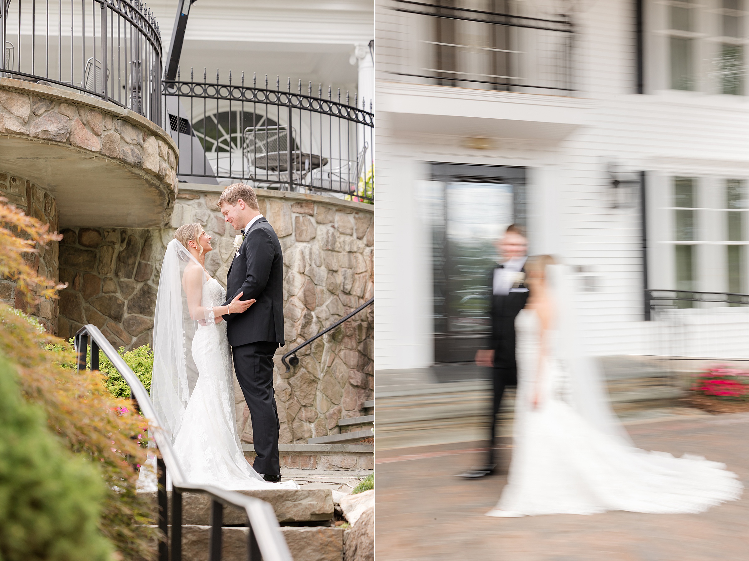 Photo of the bride and groom looking into each other's eyes in the middle of the garden's stairs at Park Savoy, and another blurred photo of them by the entrance