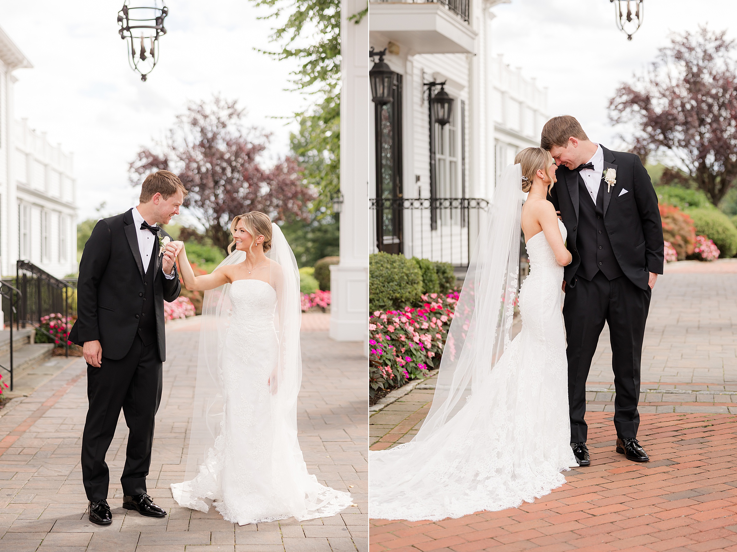 Bride and groom at Park Savoy's entrance. Groom is holding the bride's right hand while looking into each other's eyes, and the other photo is the couple head-to-head