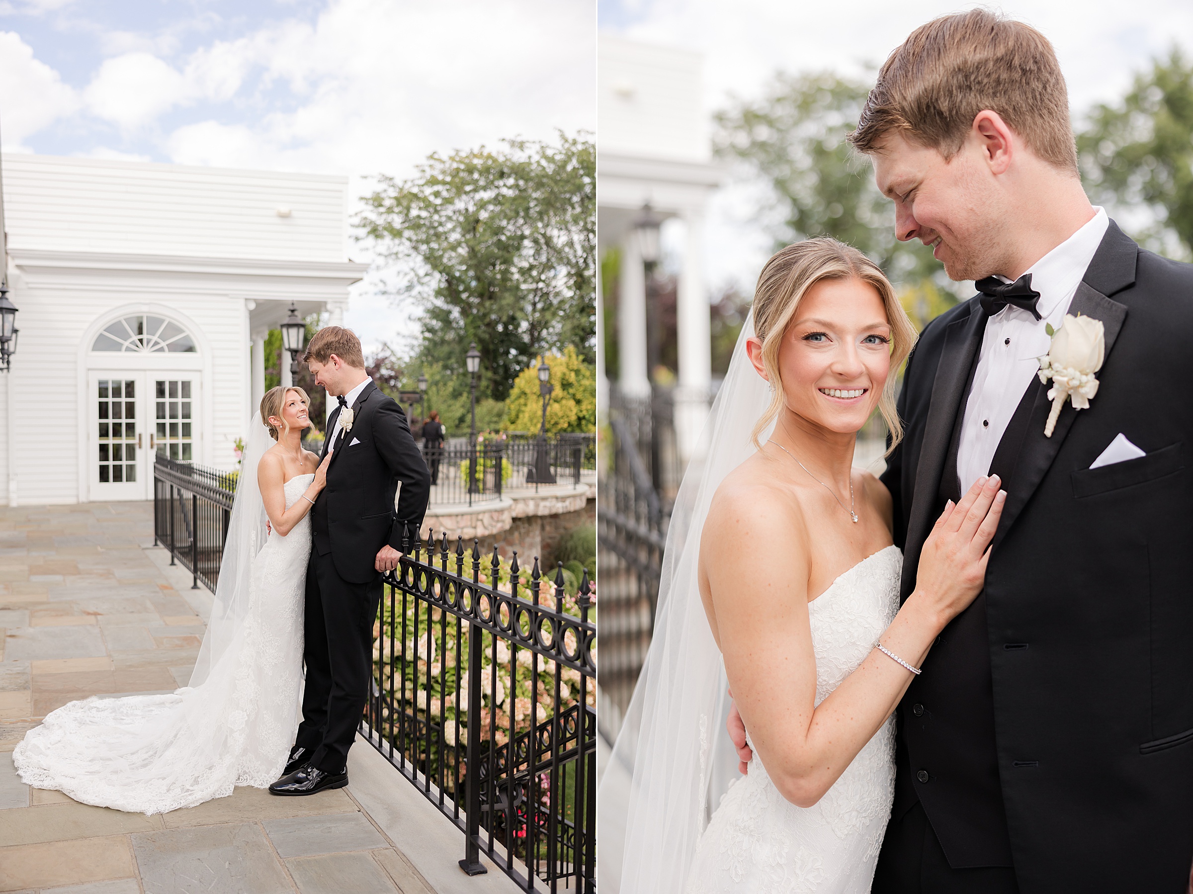Groom leaning on the veranda while looking at the bride who is holding his chest
