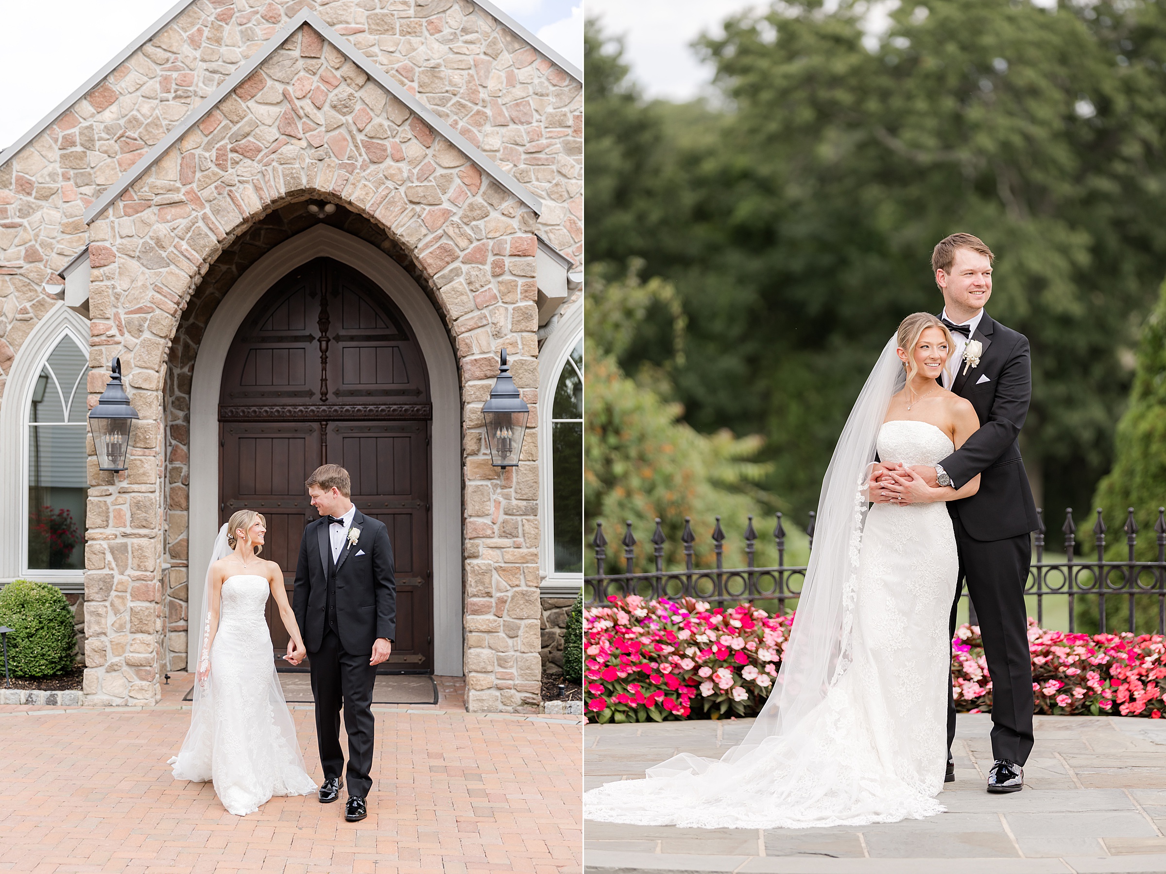 Photo of bride and groom outside the chapel holding hands, facing each other. And a photo of them at a veranda where the groom is hugging the bride from the back