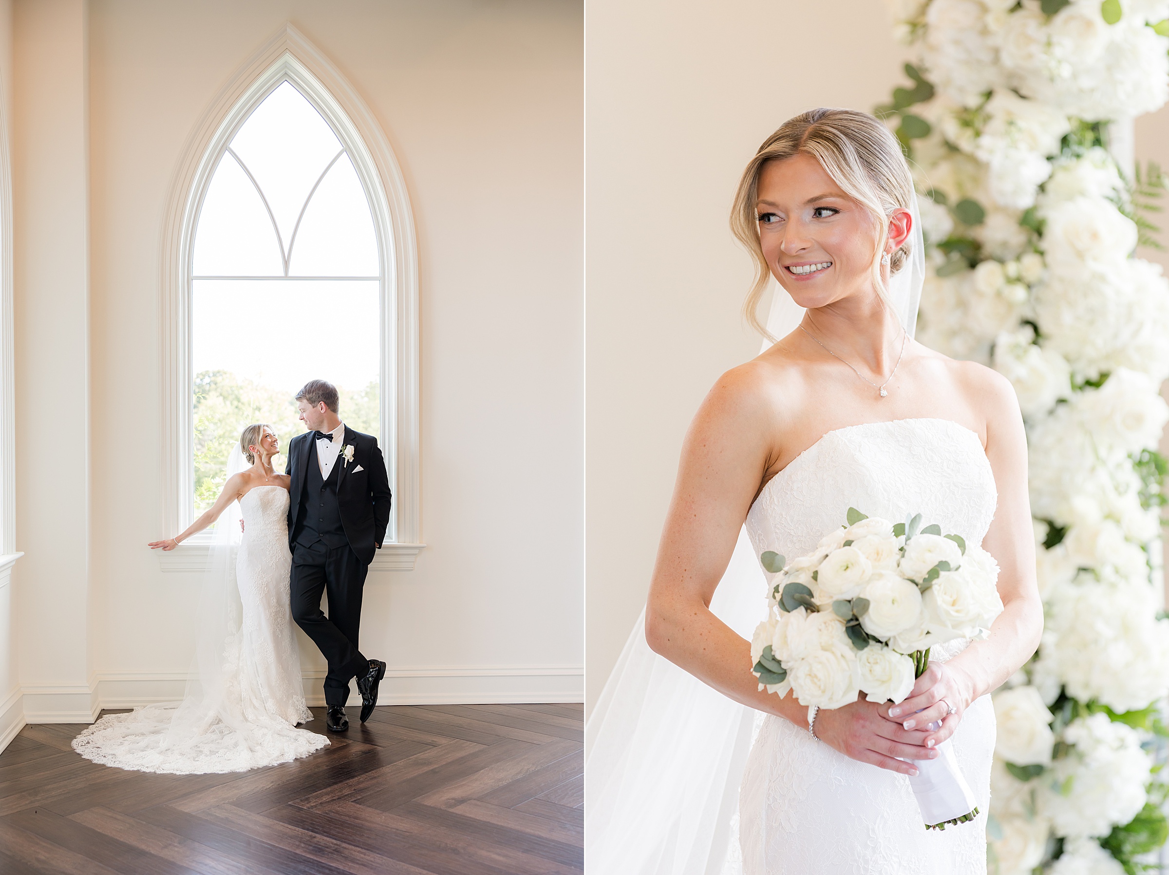 Bride and groom posing and looking at each other by the window, and a photo of the bride looking to the back while holding her bouquet