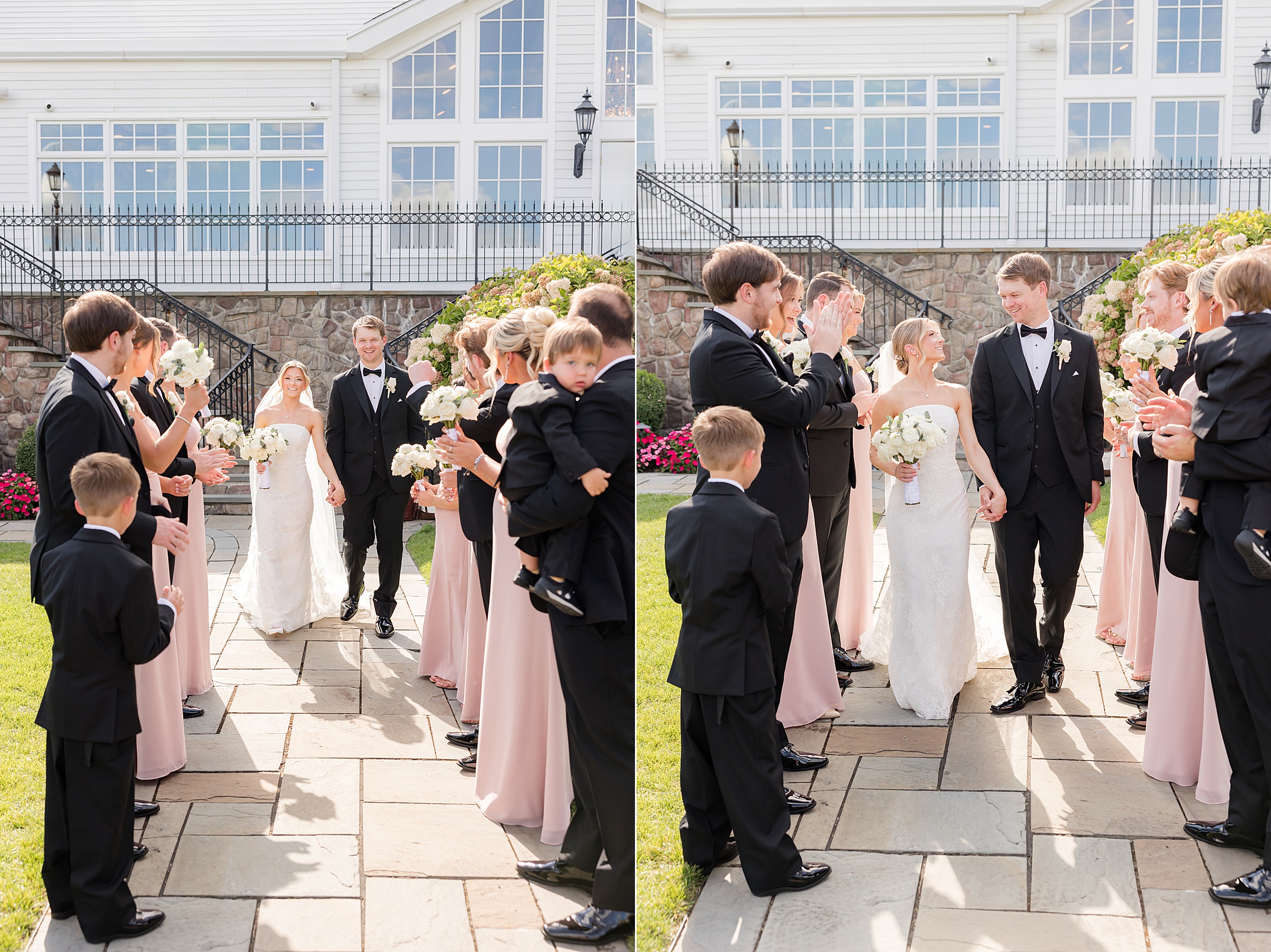 Wedding party lined up to make way for the bride and groom, and cheering them on