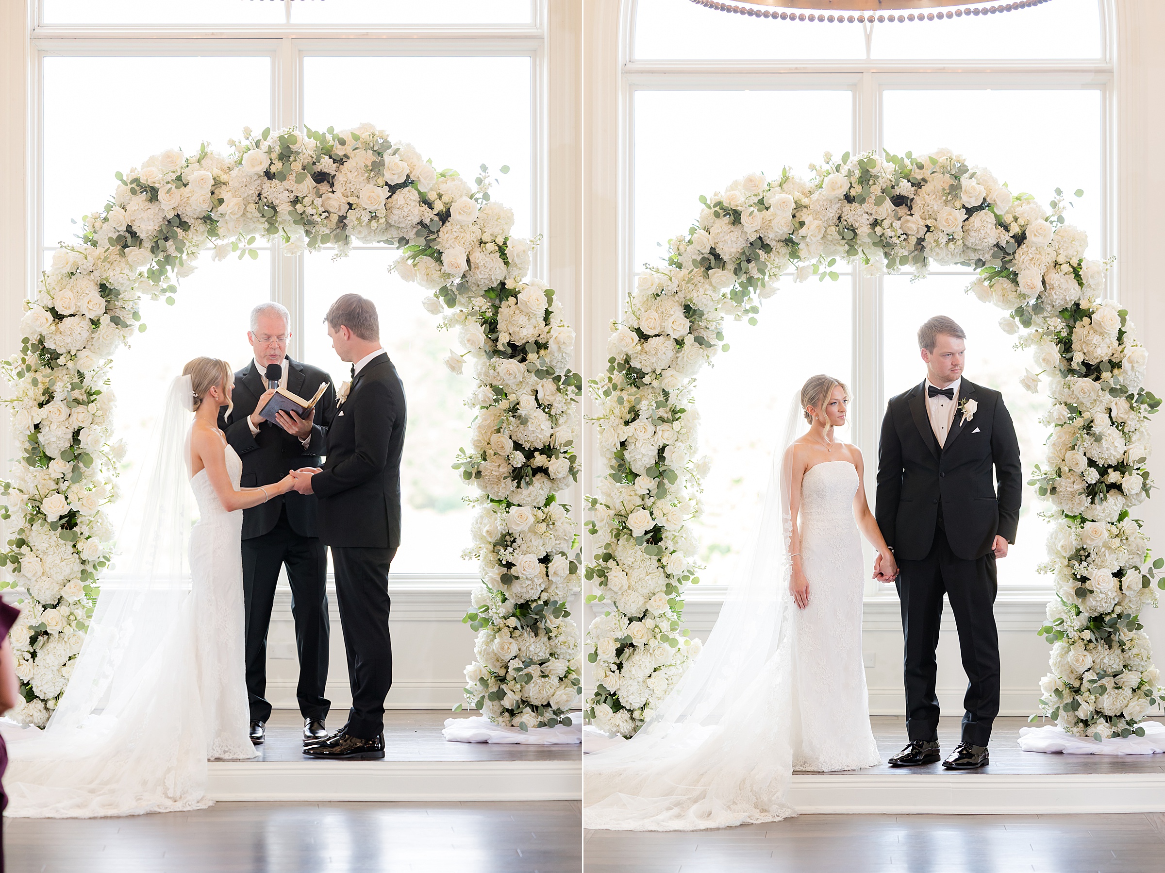 Photos of bride and groom holding hands in the middle of the ceremony