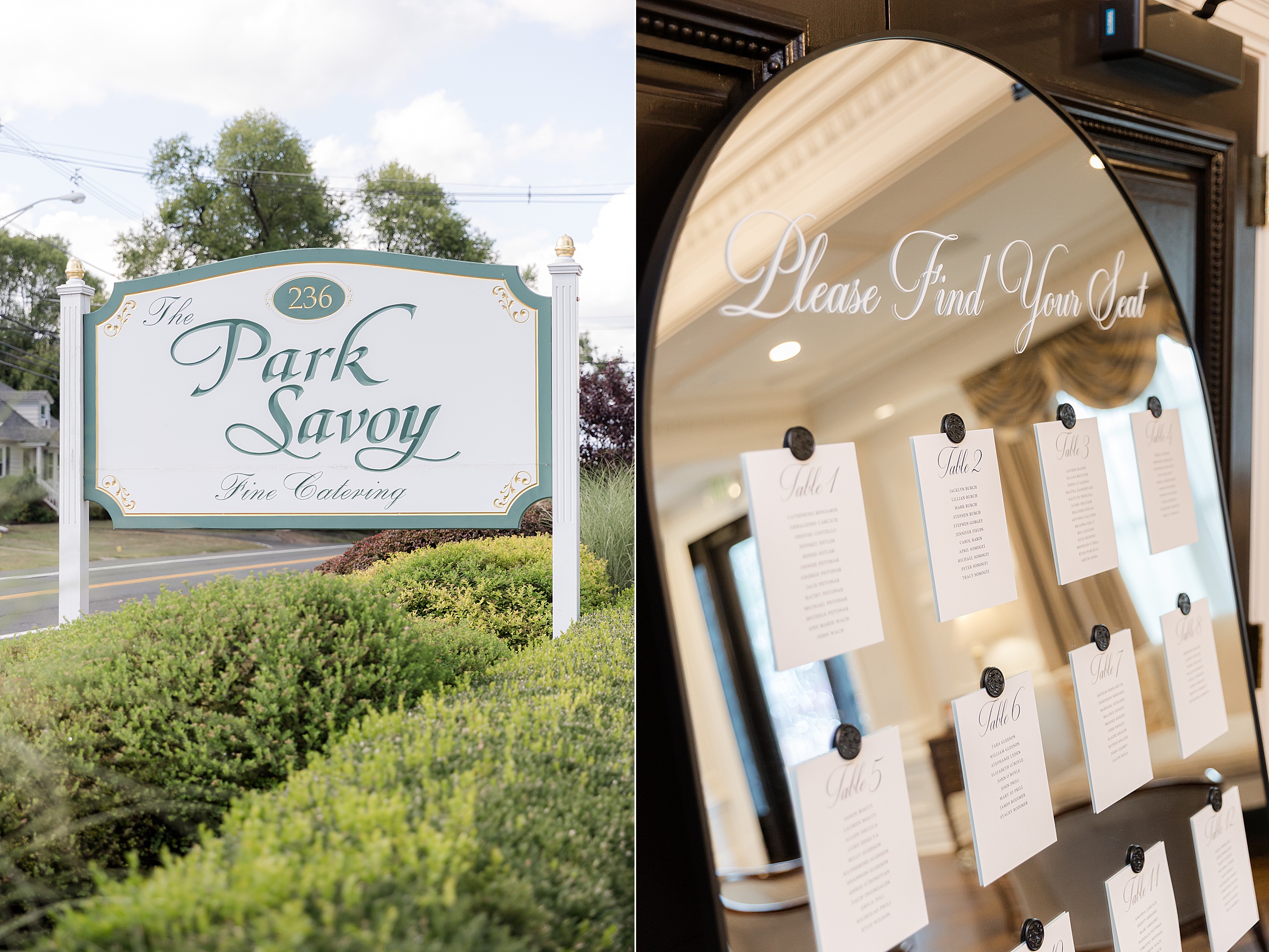 Detail shot of Park Savoy signage, and welcome sign to the reception