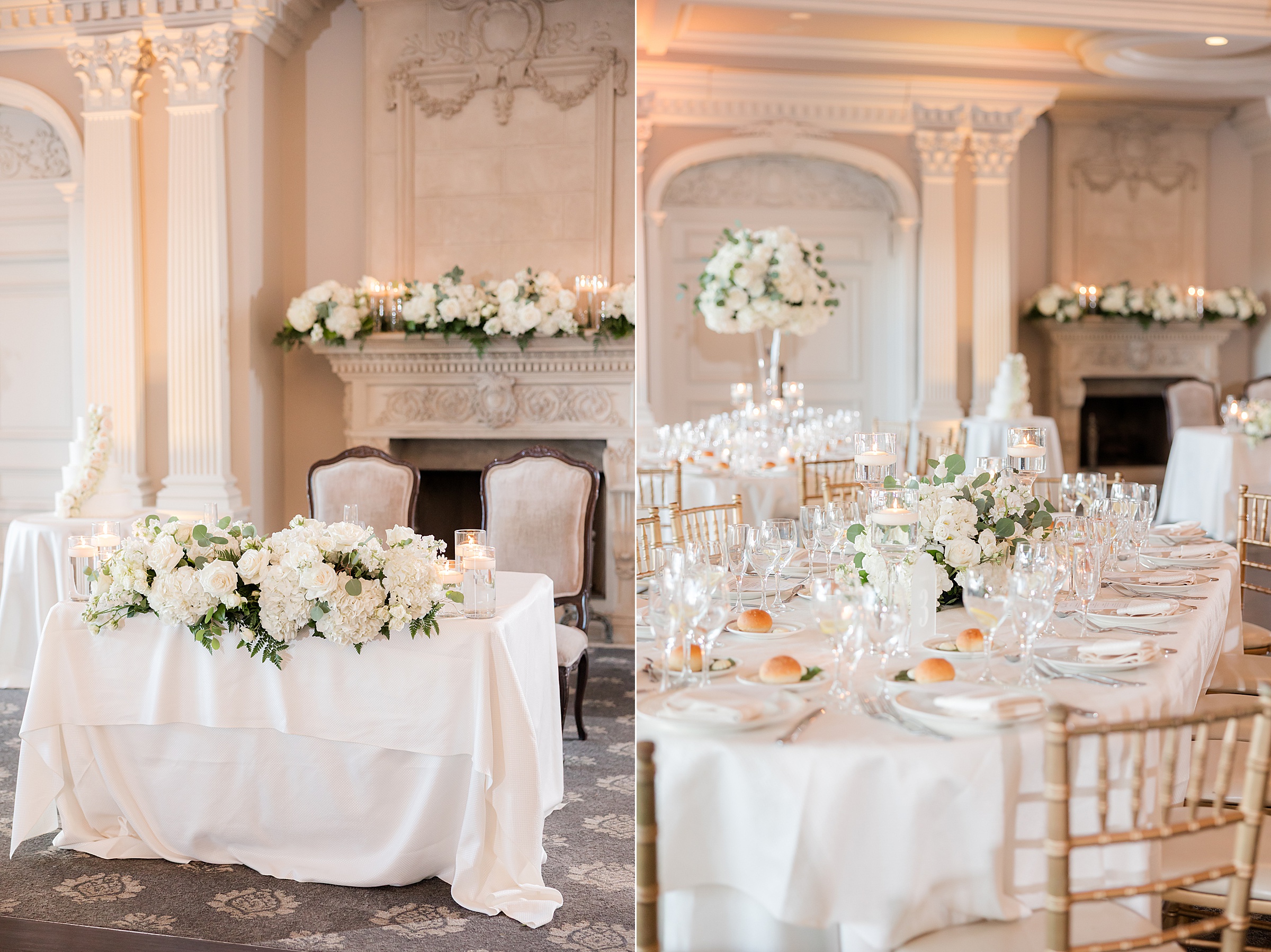 Photos of sweetheart and principal tables filled with flowers as table toppers