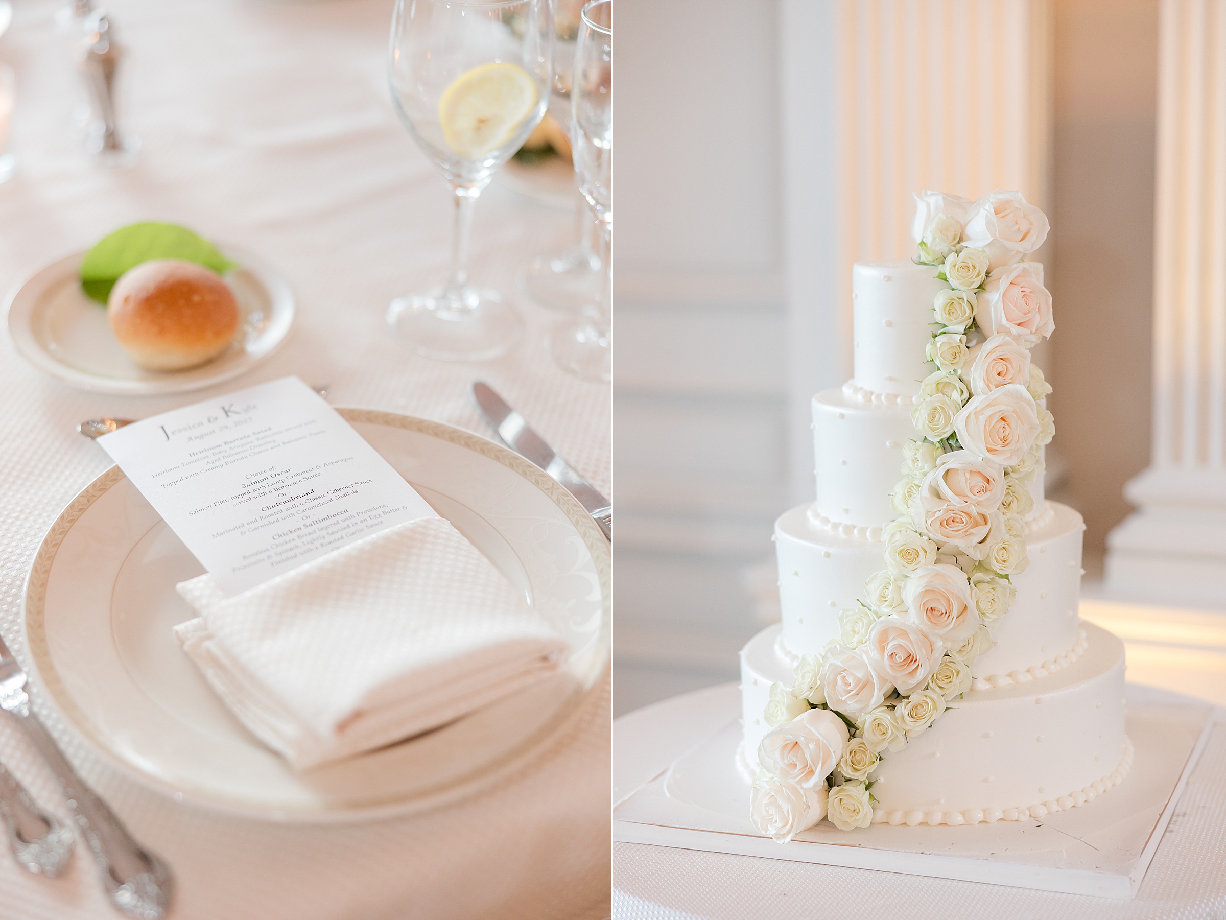 Photo of menu card wrapped with a table napkin on top of a white plate, and a photo of a 4-tier cake with soft peach, and white flowers going down