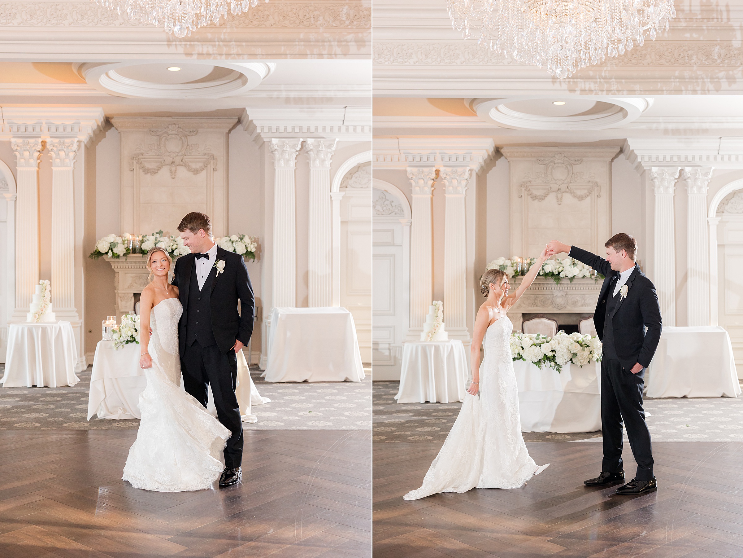 Portrait photos of bride and groom in an empty ballroom, dancing by themselves