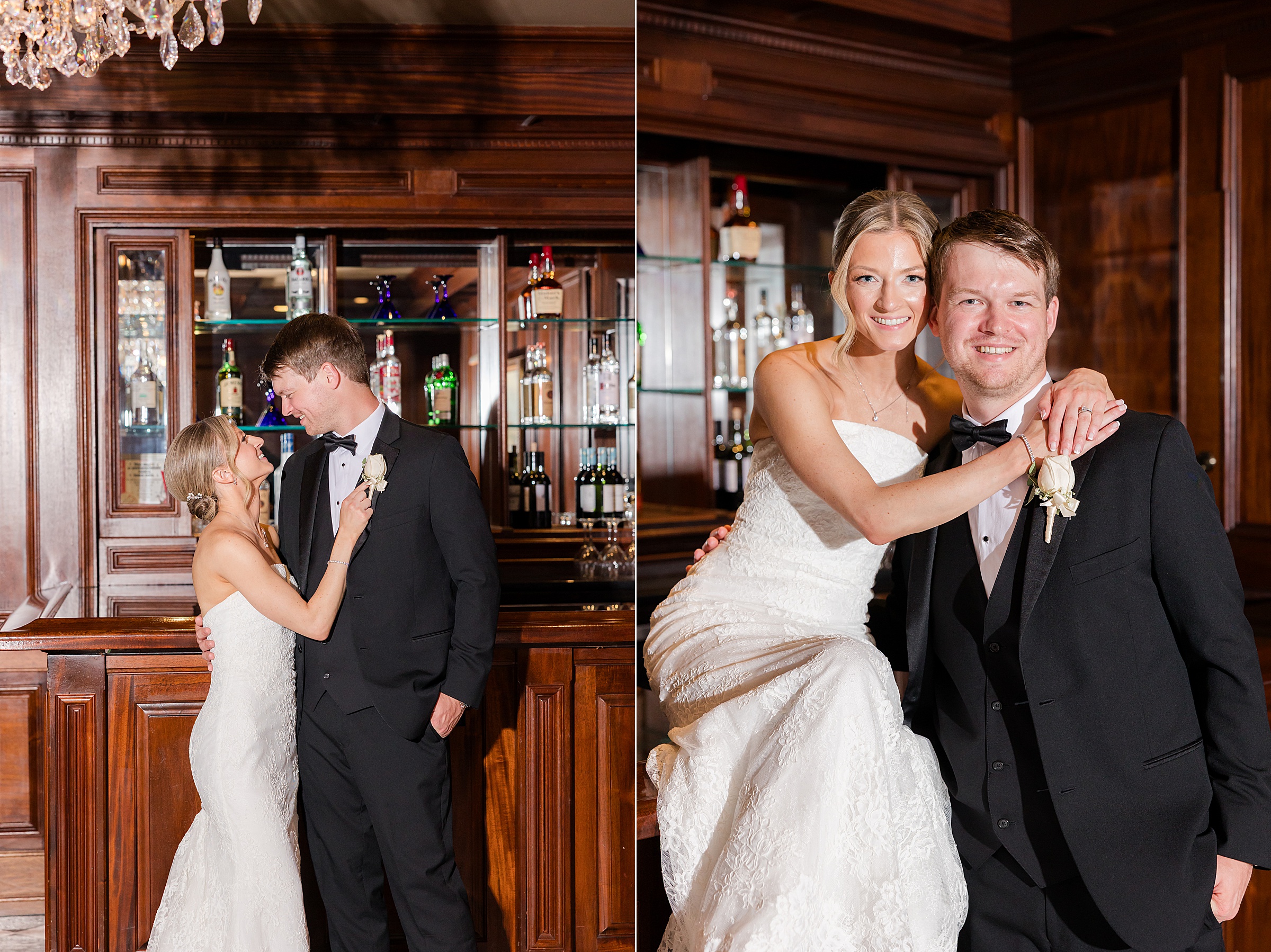 Photos of bride and groom by the wooden bar, holding each other