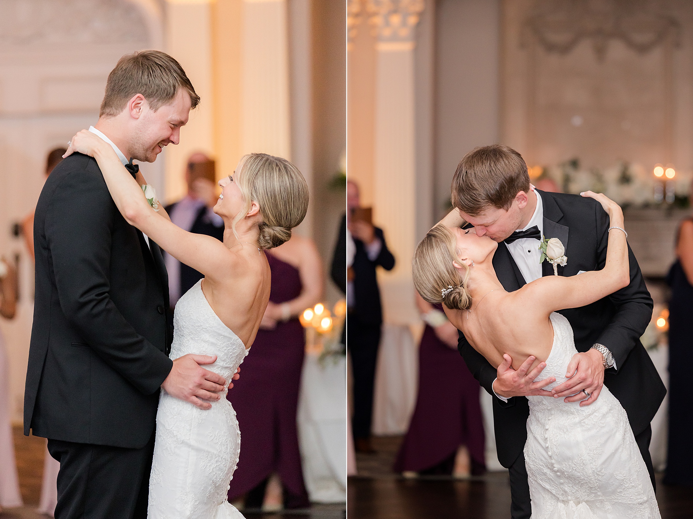 Bride and groom holding each other during the first dance, and kissing