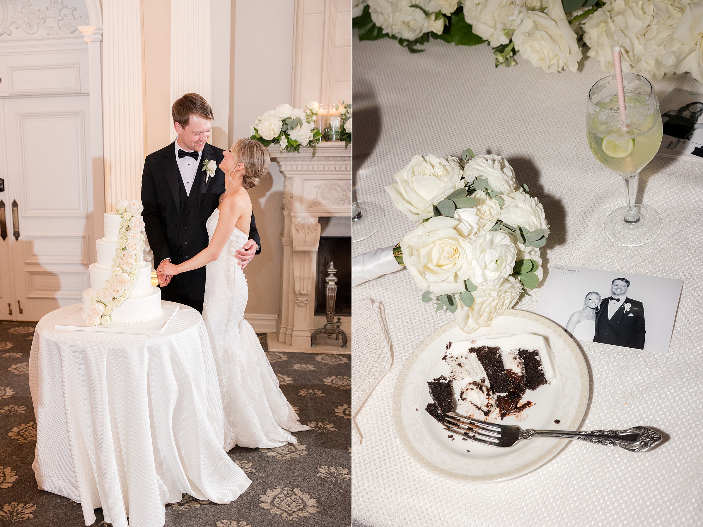 Bride and groom looking at each other as they cut the cake, and a photo of a cake on a plate with a silver fork, together with a black and white printed photo of the couple