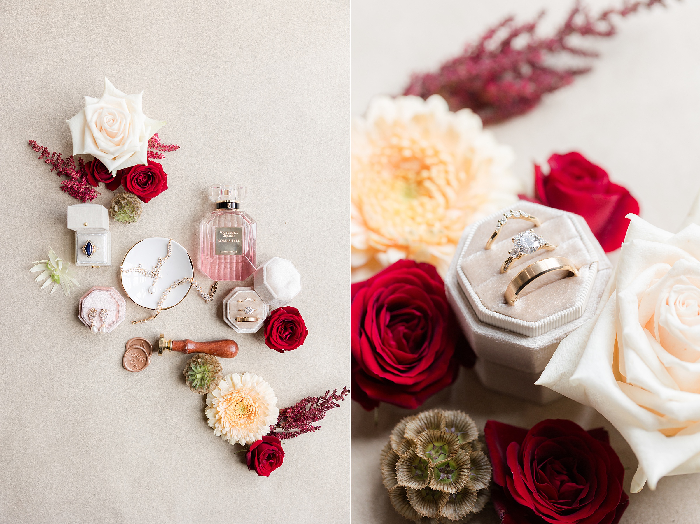 Wedding rings in a velvet box with red and white flowers, alongside bridal accessories and perfume.