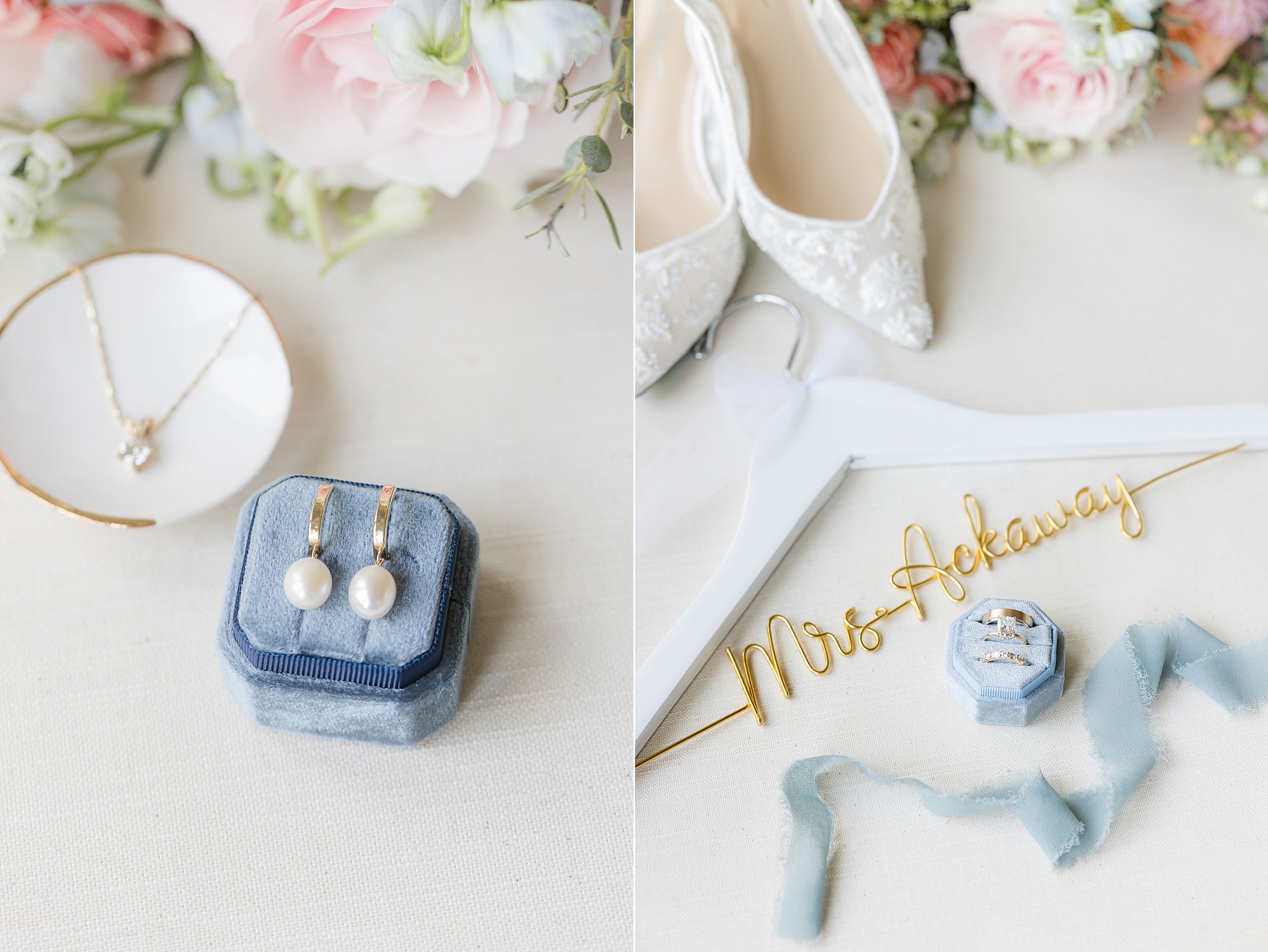 Close-up shot of bride's white pearl earrings, diamond necklace and white sandals with white hanger together with wedding rings