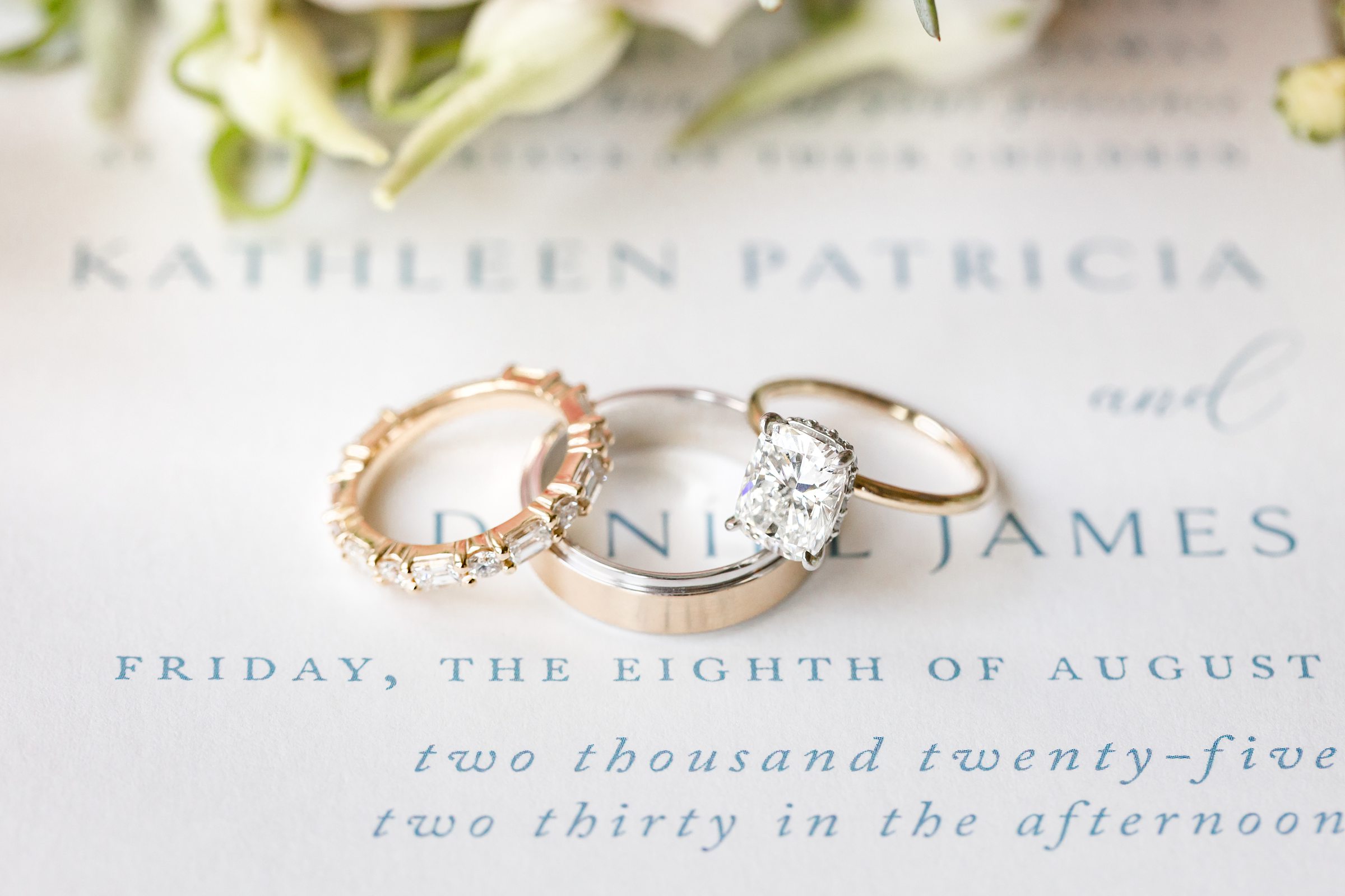 a close-up shot of couple's wedding ring placed on the wedding invite 