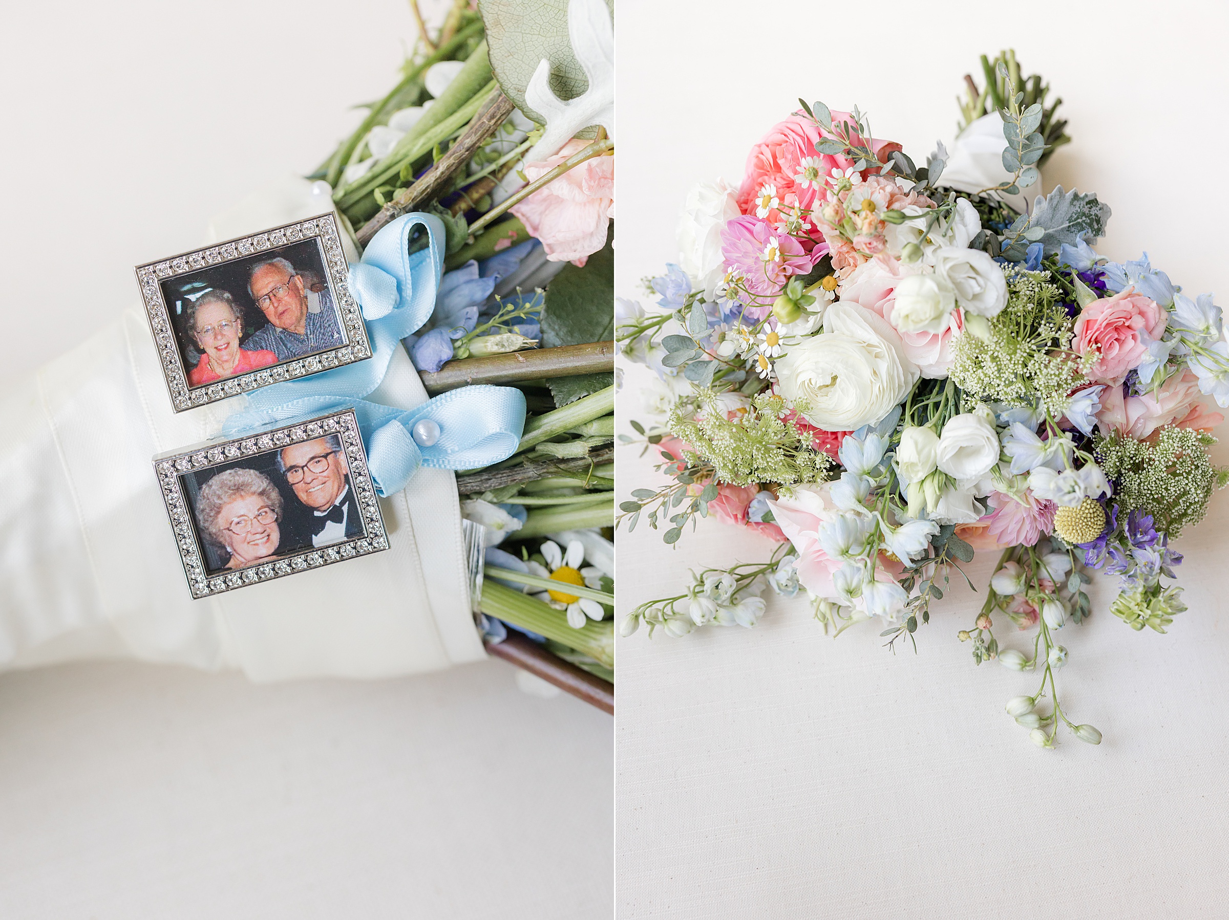 a close-up shot of a flower bouquet with couple's grandparents framed pictures and a colorful bouquet 