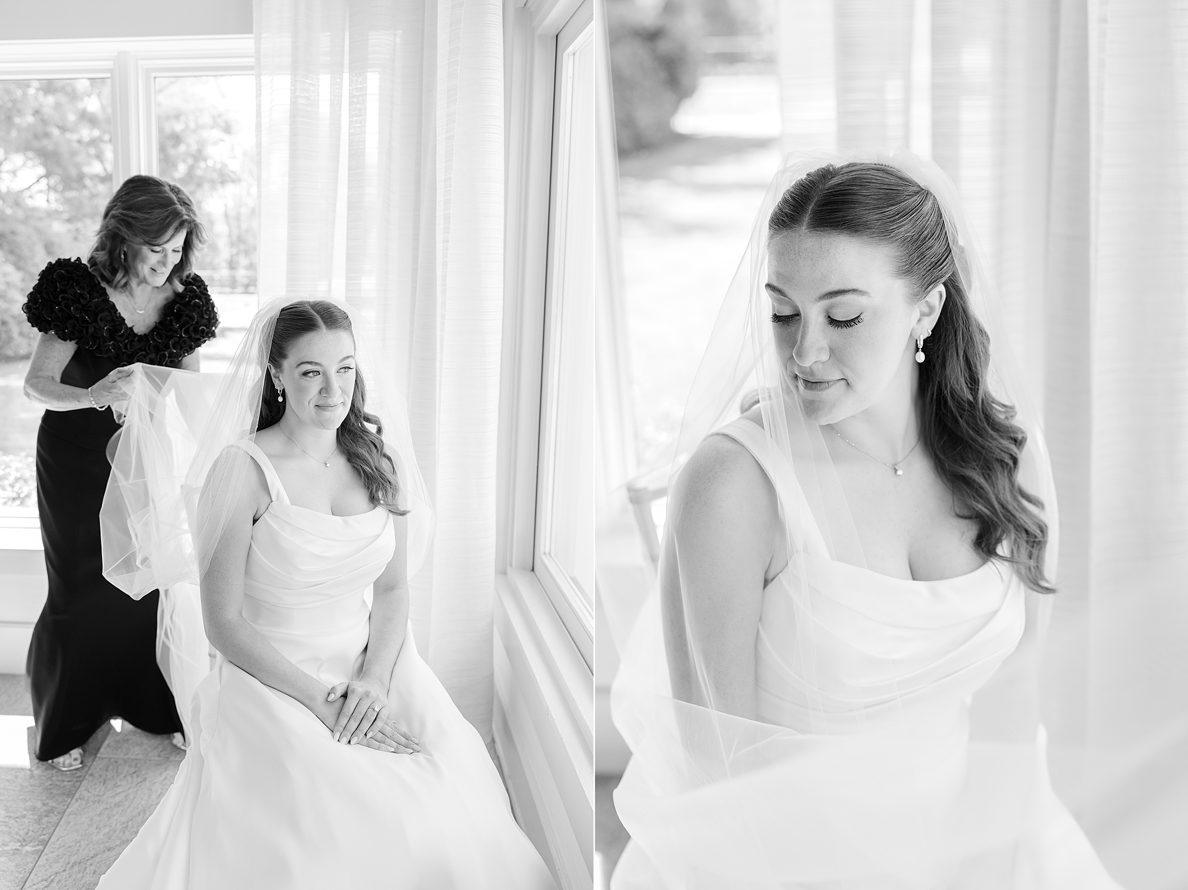 Bride is sitting while mother is fixing her veil and a close-up shot of bride looking down the side, picture is in black and white