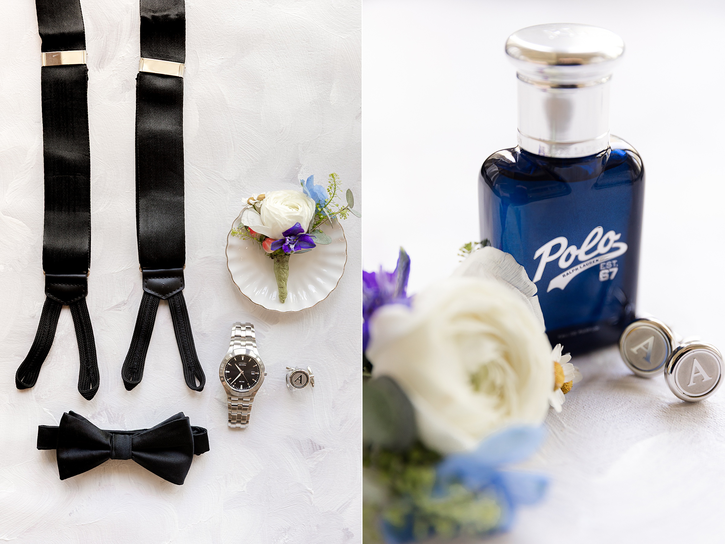 a detail shot of groom's bow tie, watch, ring with initial letter A, white flower and a blue perfume with couple rings at the side