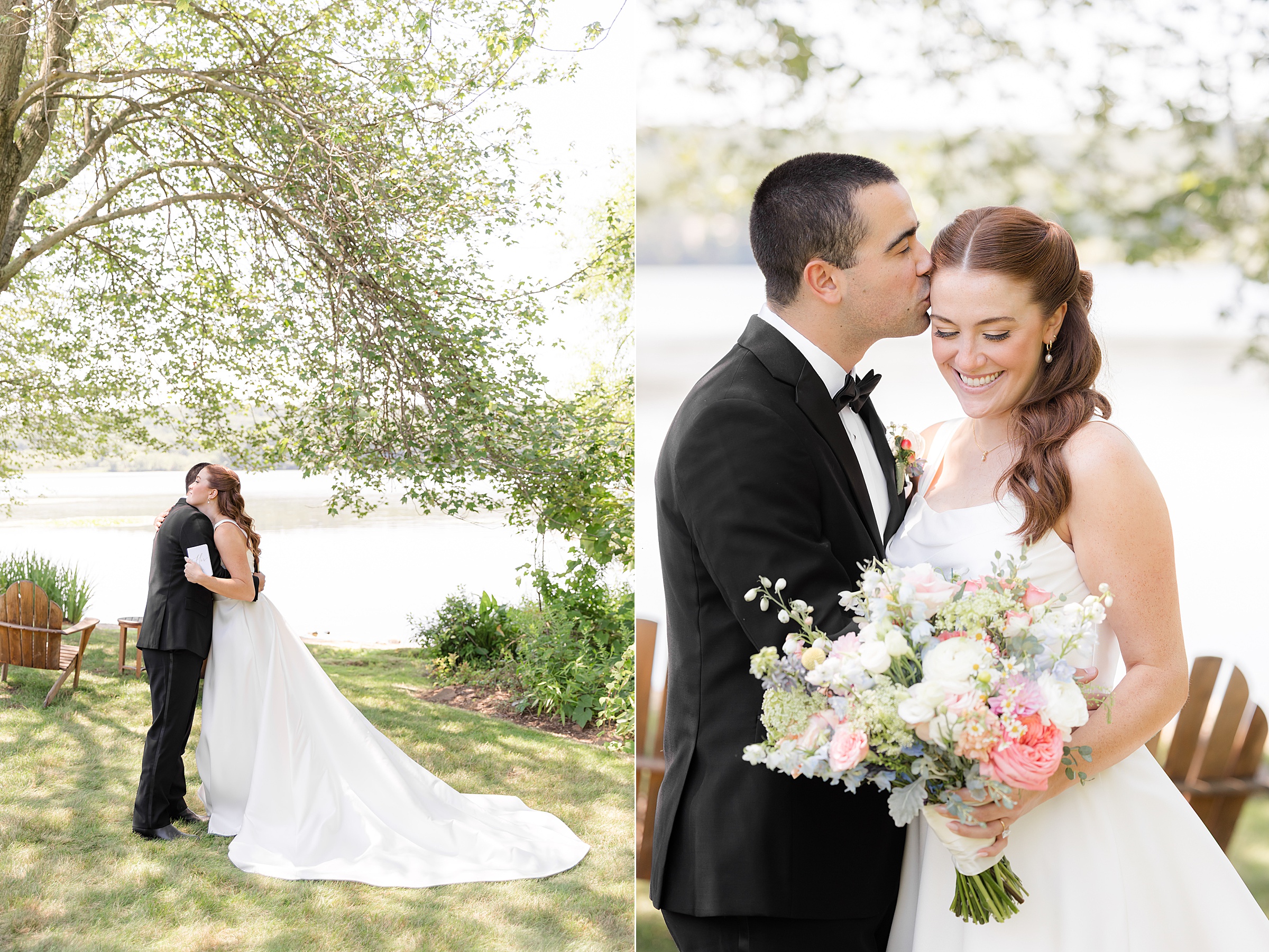 a portrait picture of groom and bride hugging each other beside the tree and close-up picture of groom kissing the bride's head, bride is holding a bouquet, pink, yellow, orange flowers