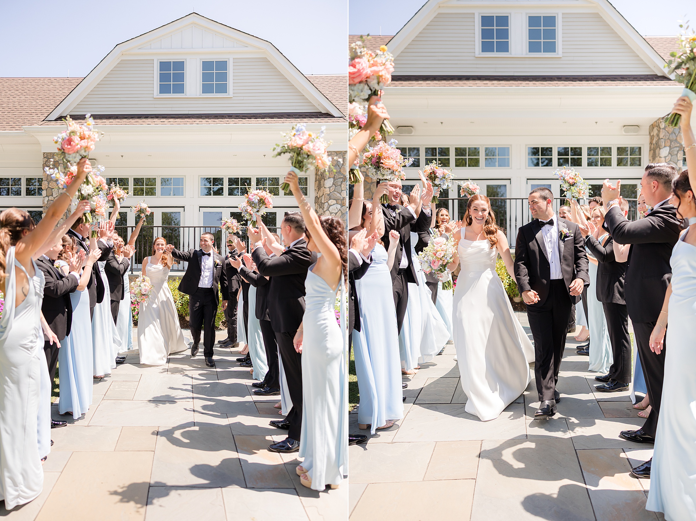 portrait picture of bride and groom walking down the aisle while groomsmen and bridesmaids are raising their flower bouquets 