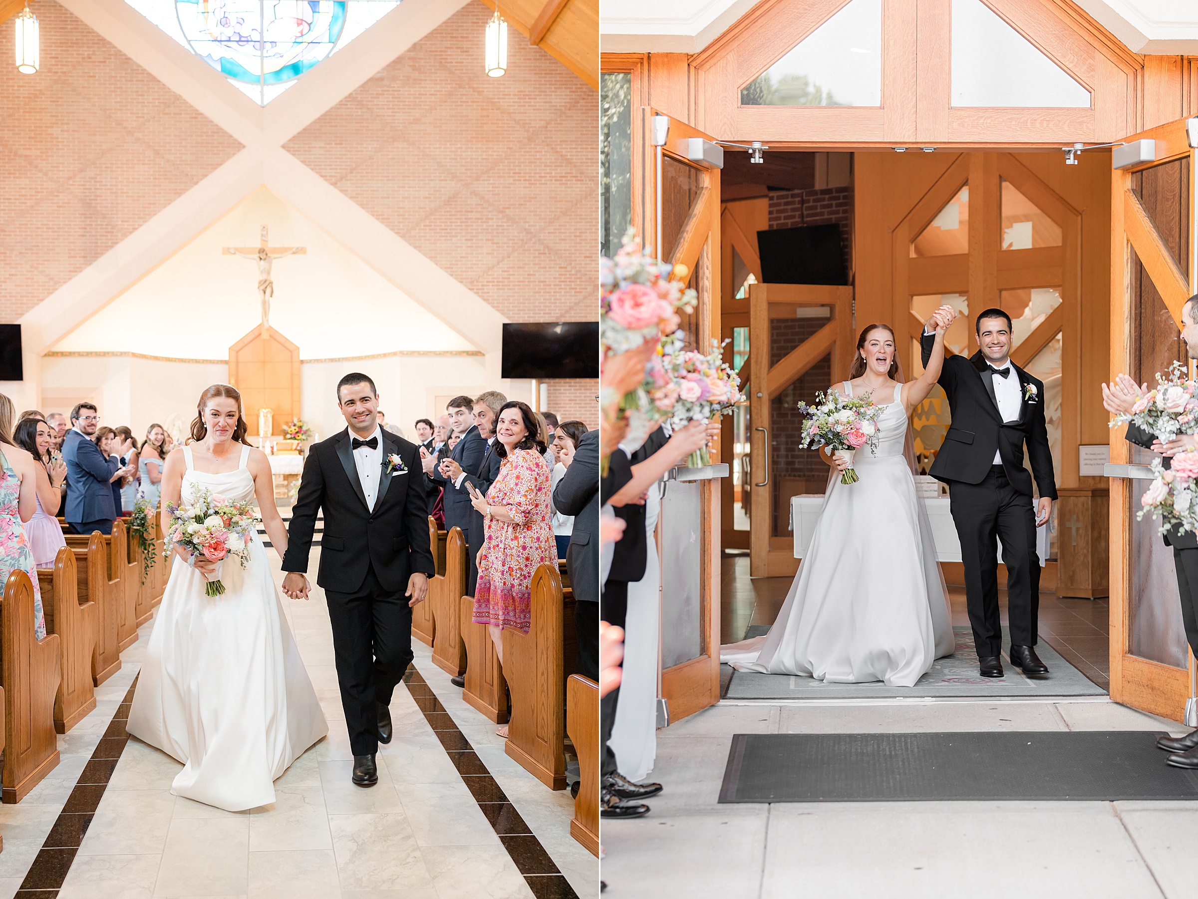 photos of bride and groom walking down the aisle and exiting the church 