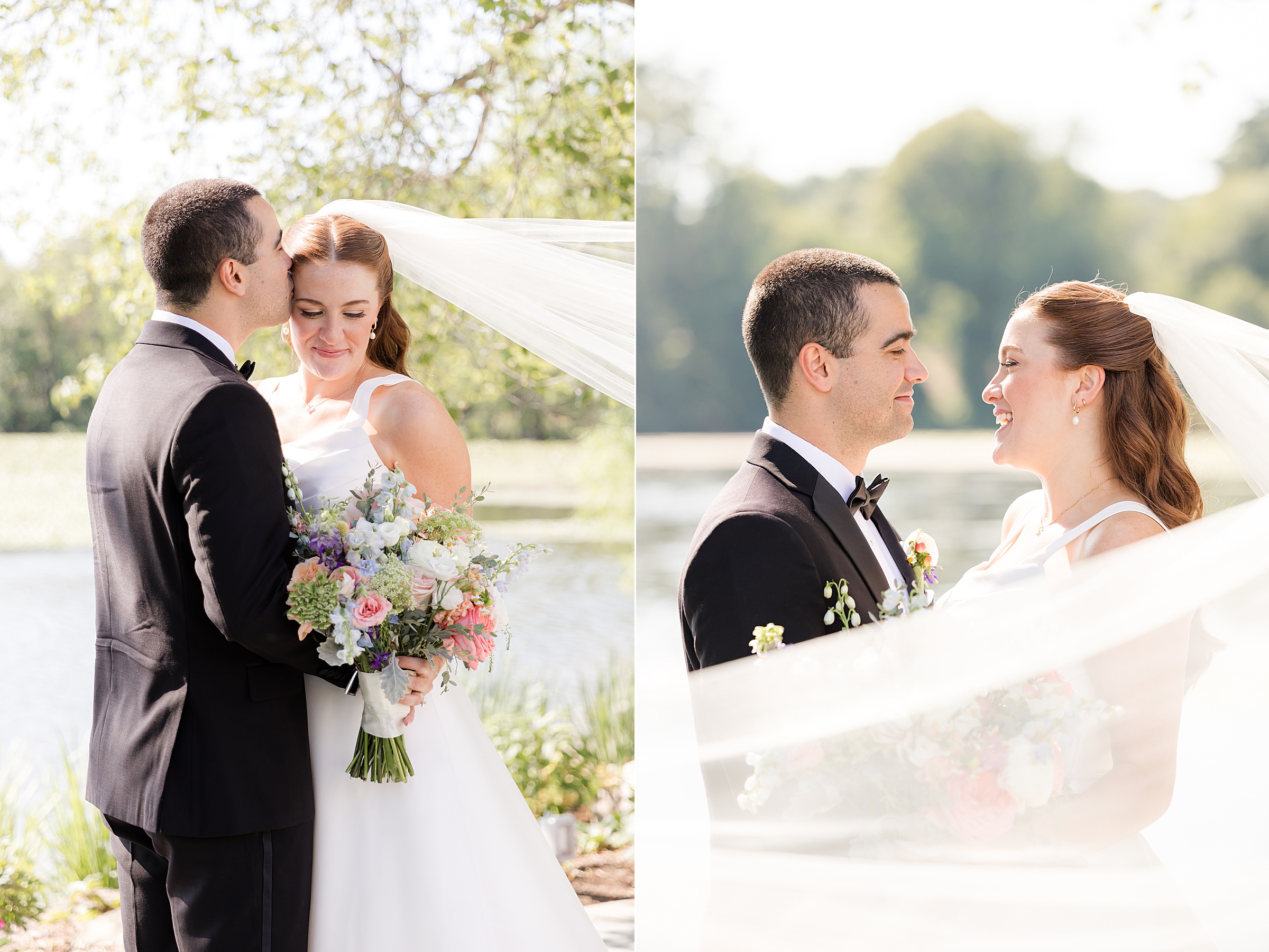 groom is kissing the bride and looking, smiling at each other with the veil blowing to the side 