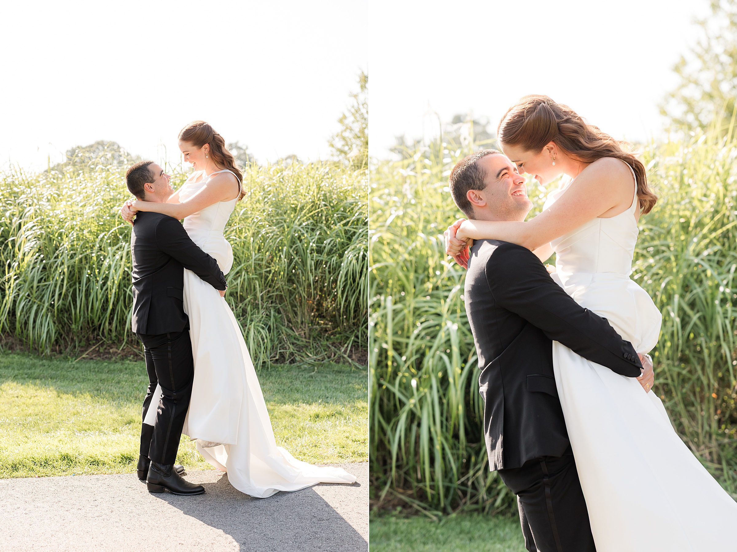photos of groom lifting her bride while she is looking in his eyes in front of greenery 