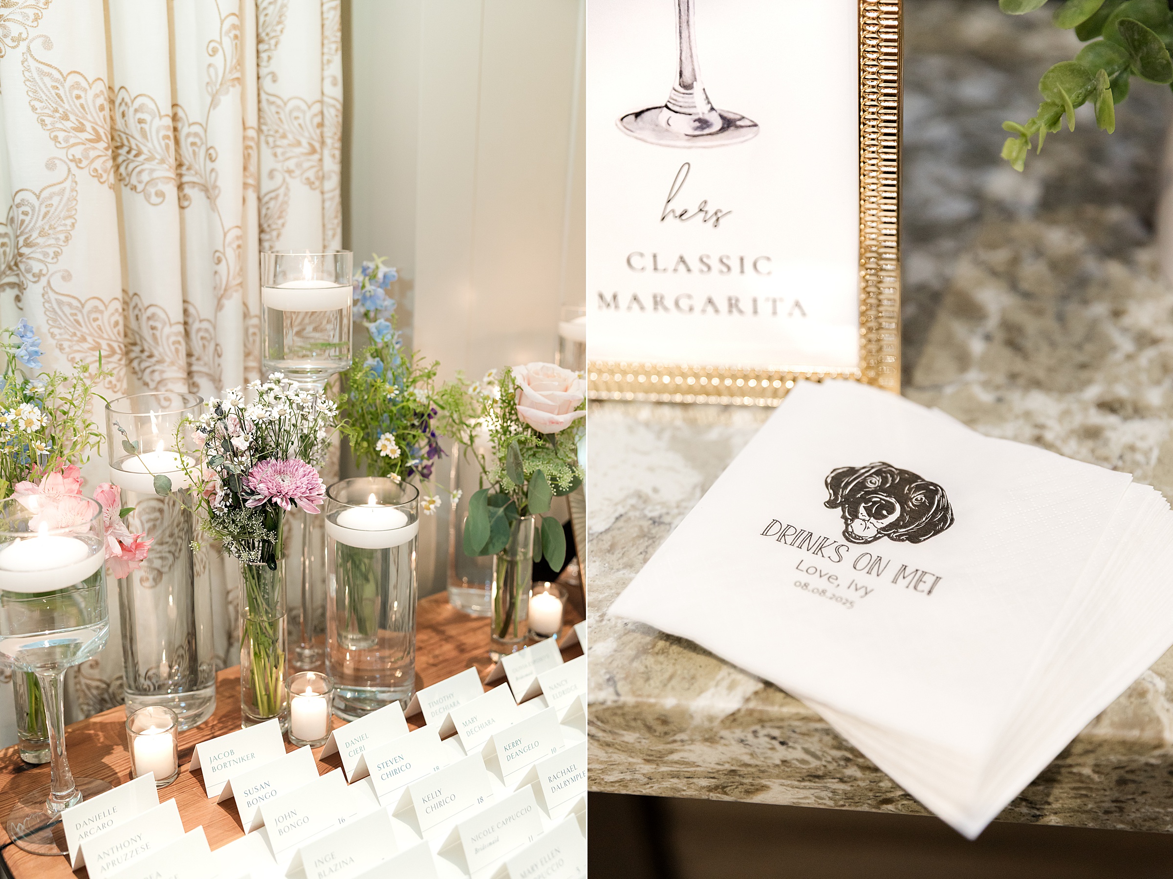 a detail shot of wedding candles and napkins 