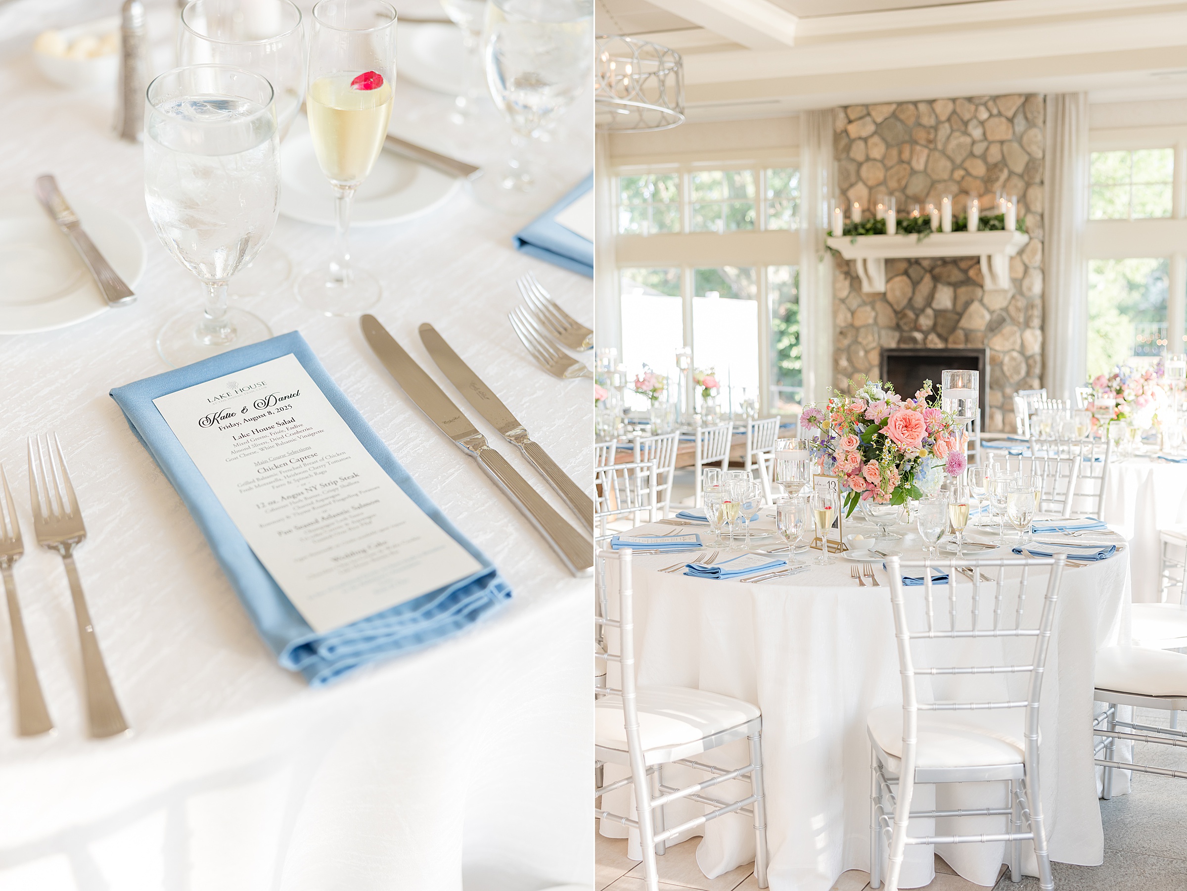 detail shots of table set up with powder blue and white palette 