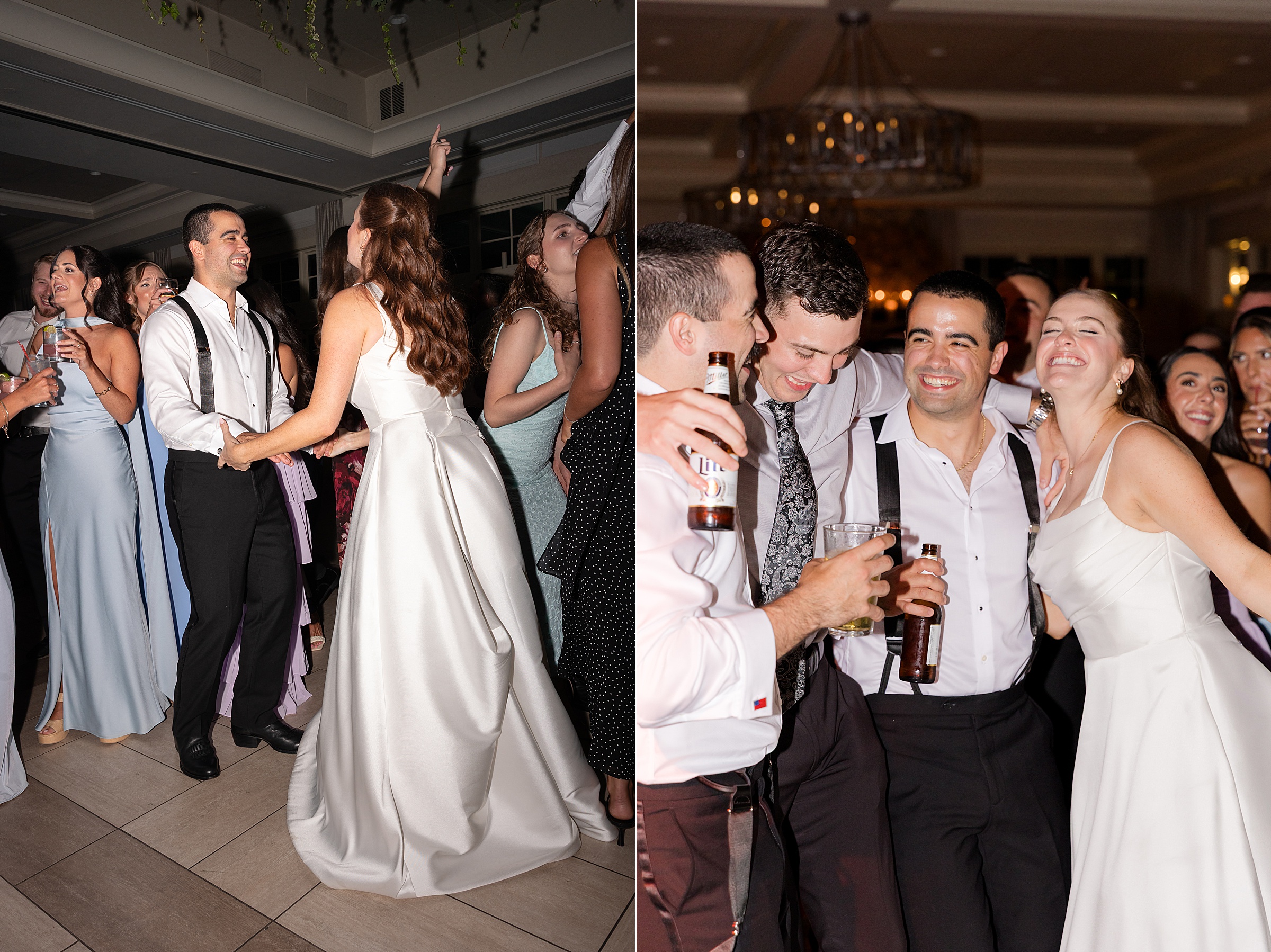 photos of bride and groom holding hands and bride and groom laughing with guests while holding a glass of beer 
