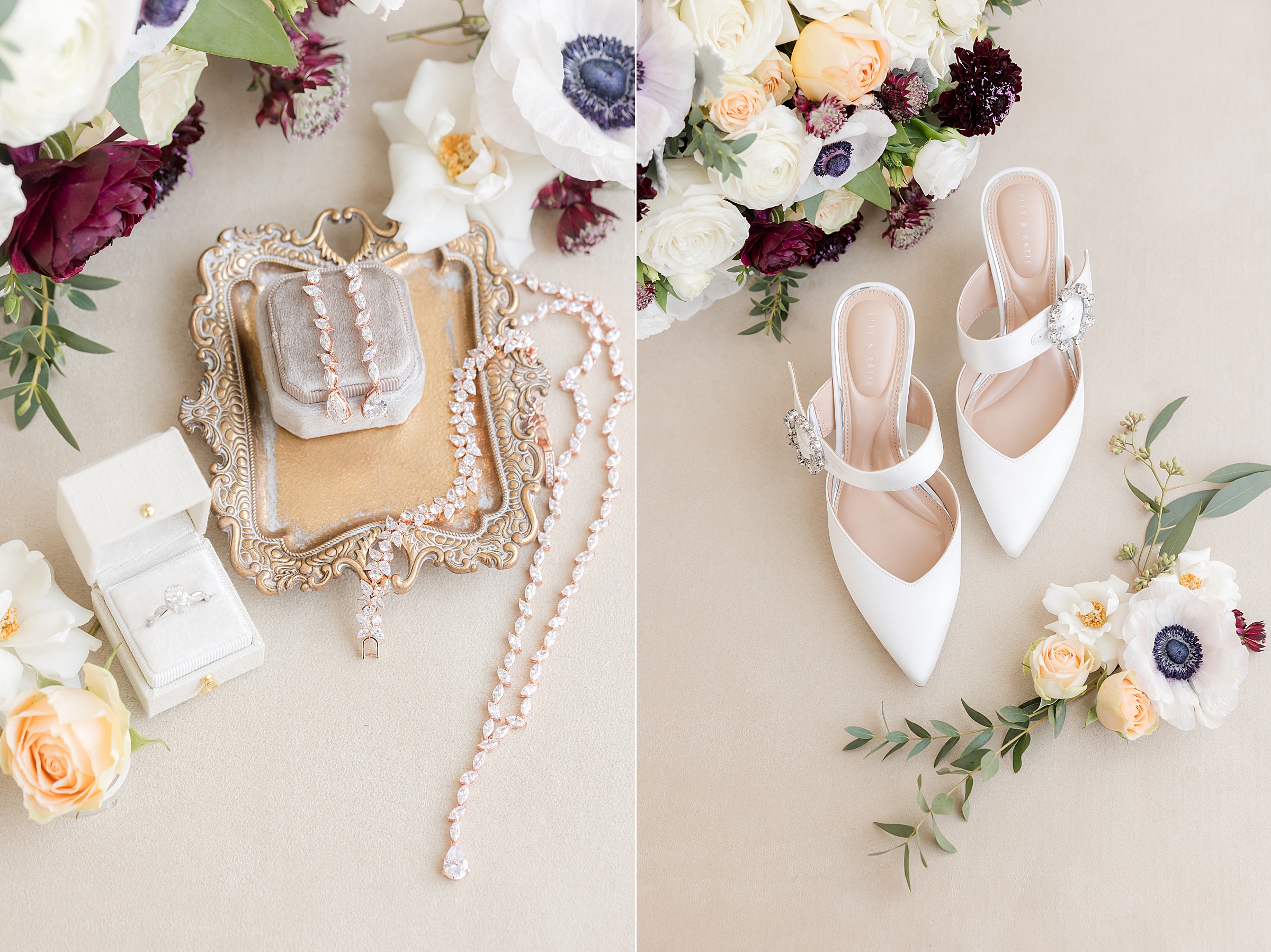 Bridal accessories including white heels, jewelry, ring boxes, and floral arrangements on a neutral background.