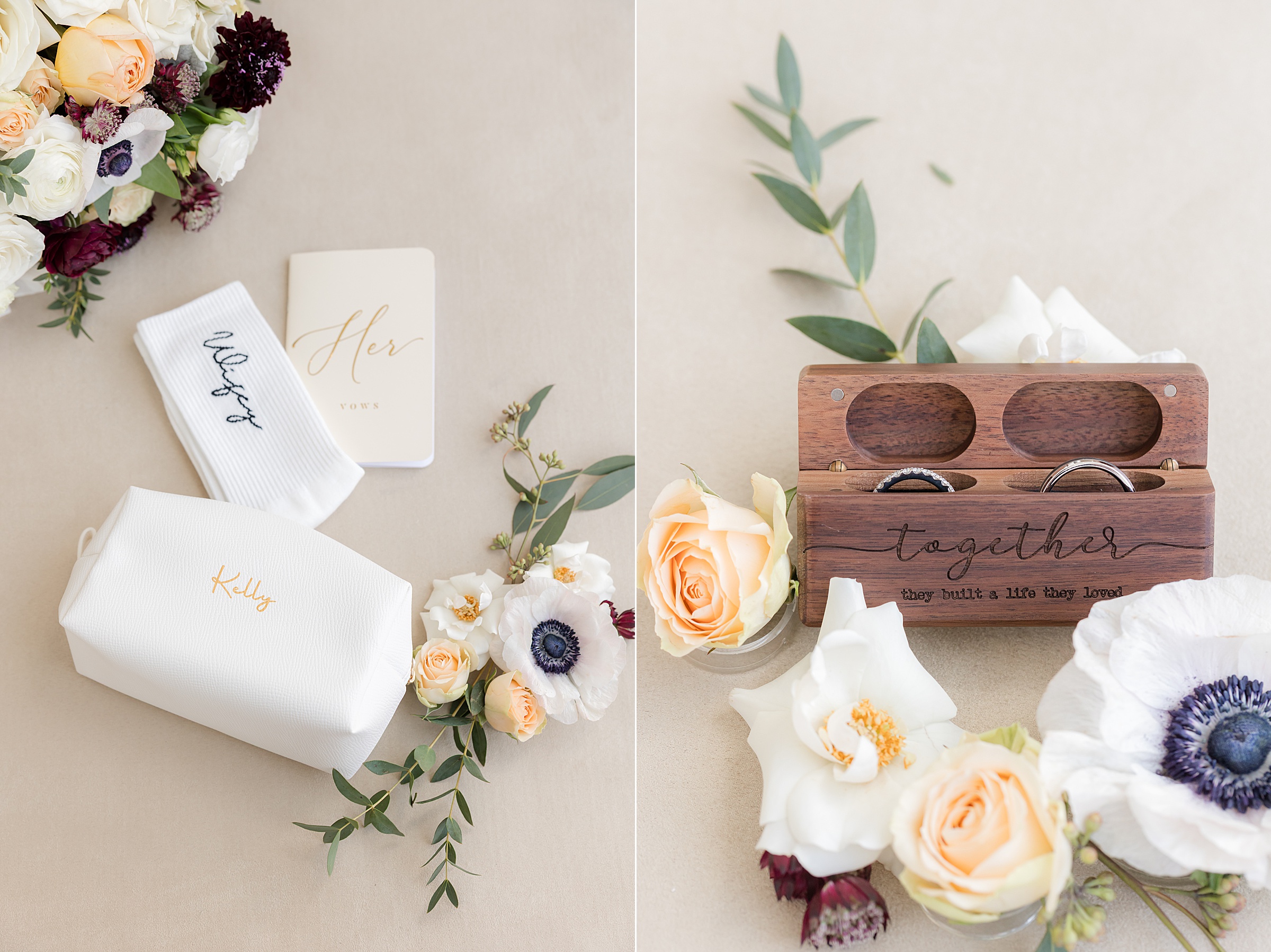 Wooden ring box with engraved text surrounded by flowers.