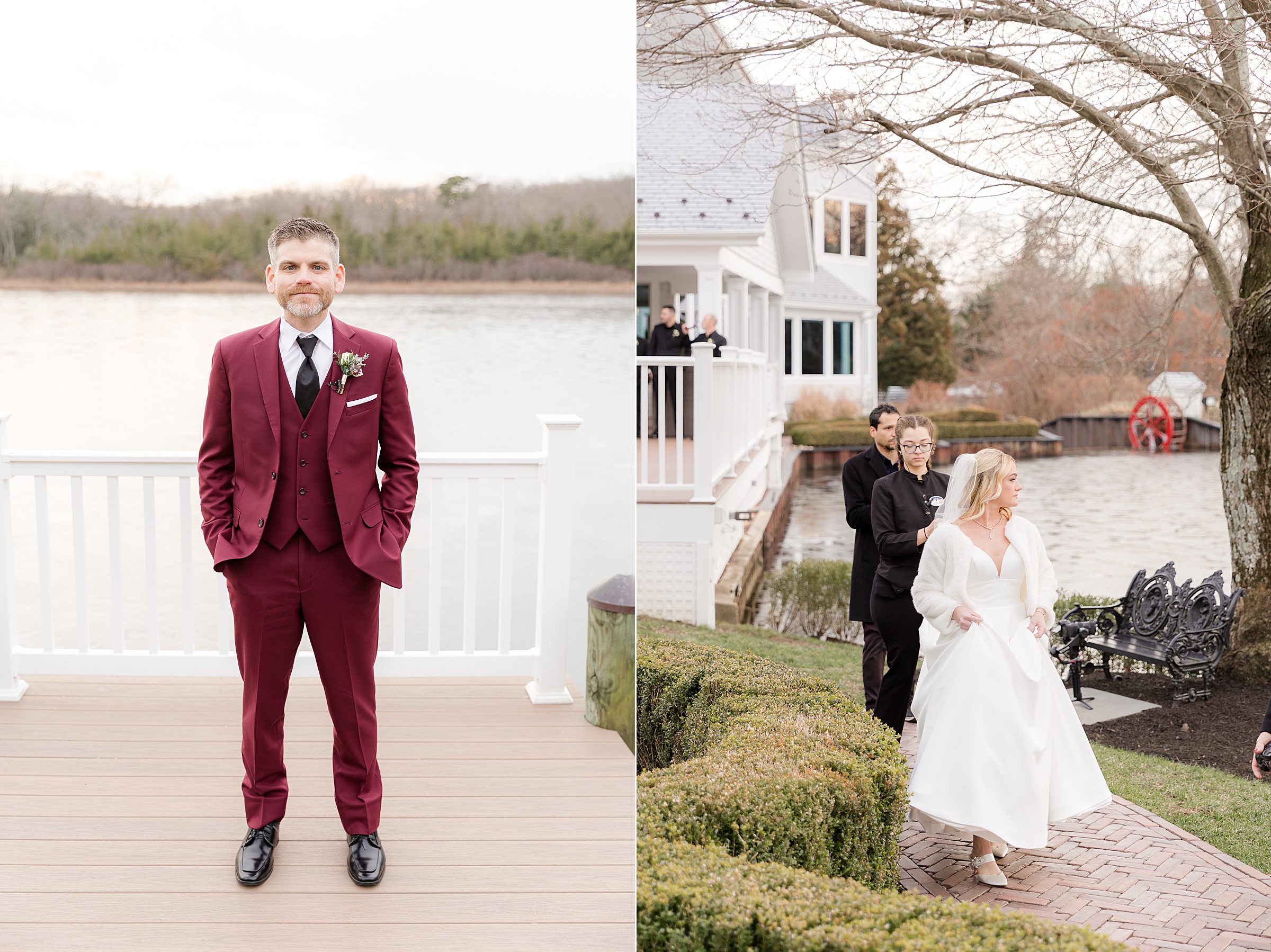 Groom in a burgundy suit standing by the water on a dock, alongside bride walking outside near a waterfront venue.
