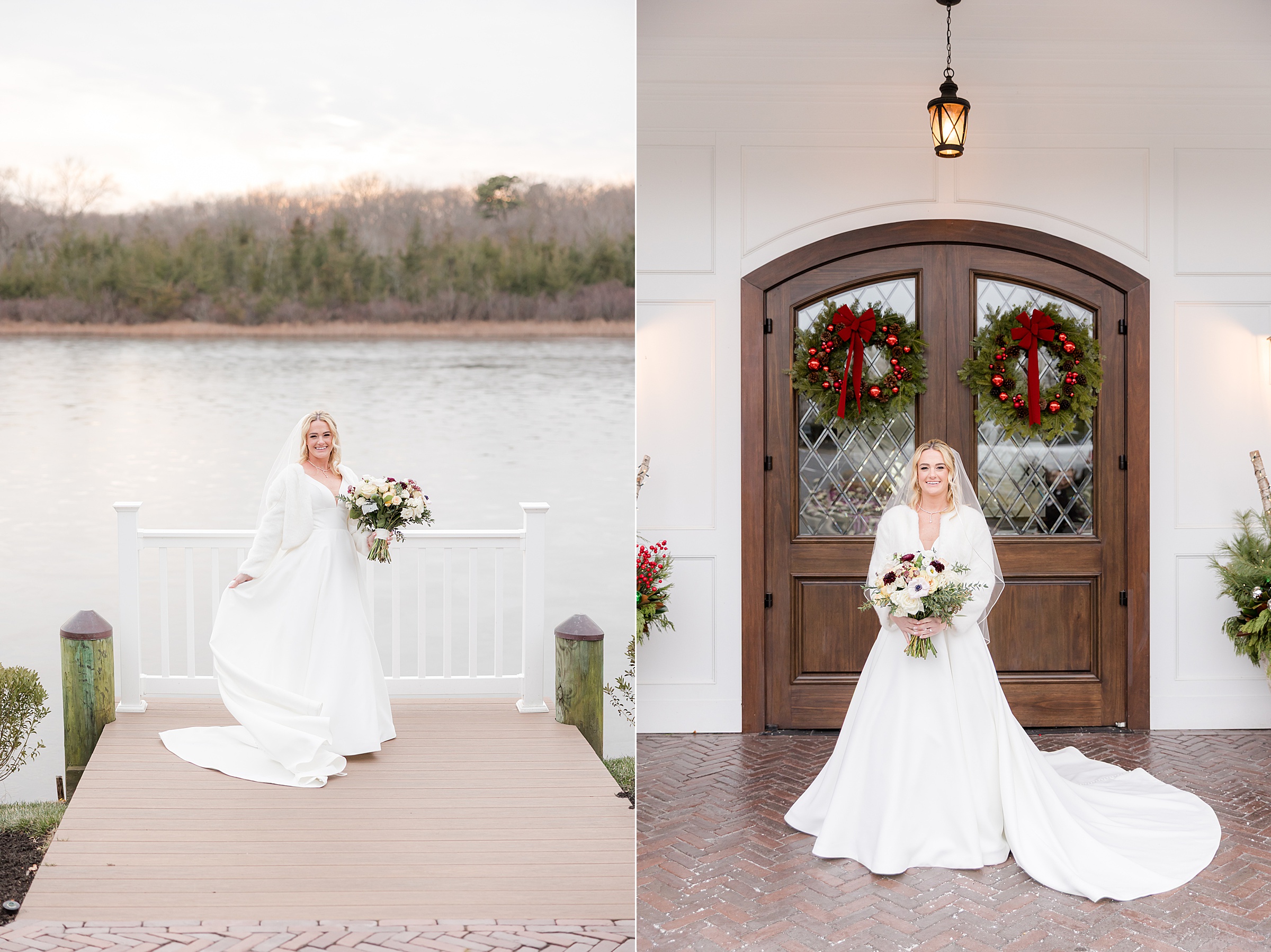 Bride poses with her bouquet by the water and in front of elegant doors, her gown flowing beautifully.