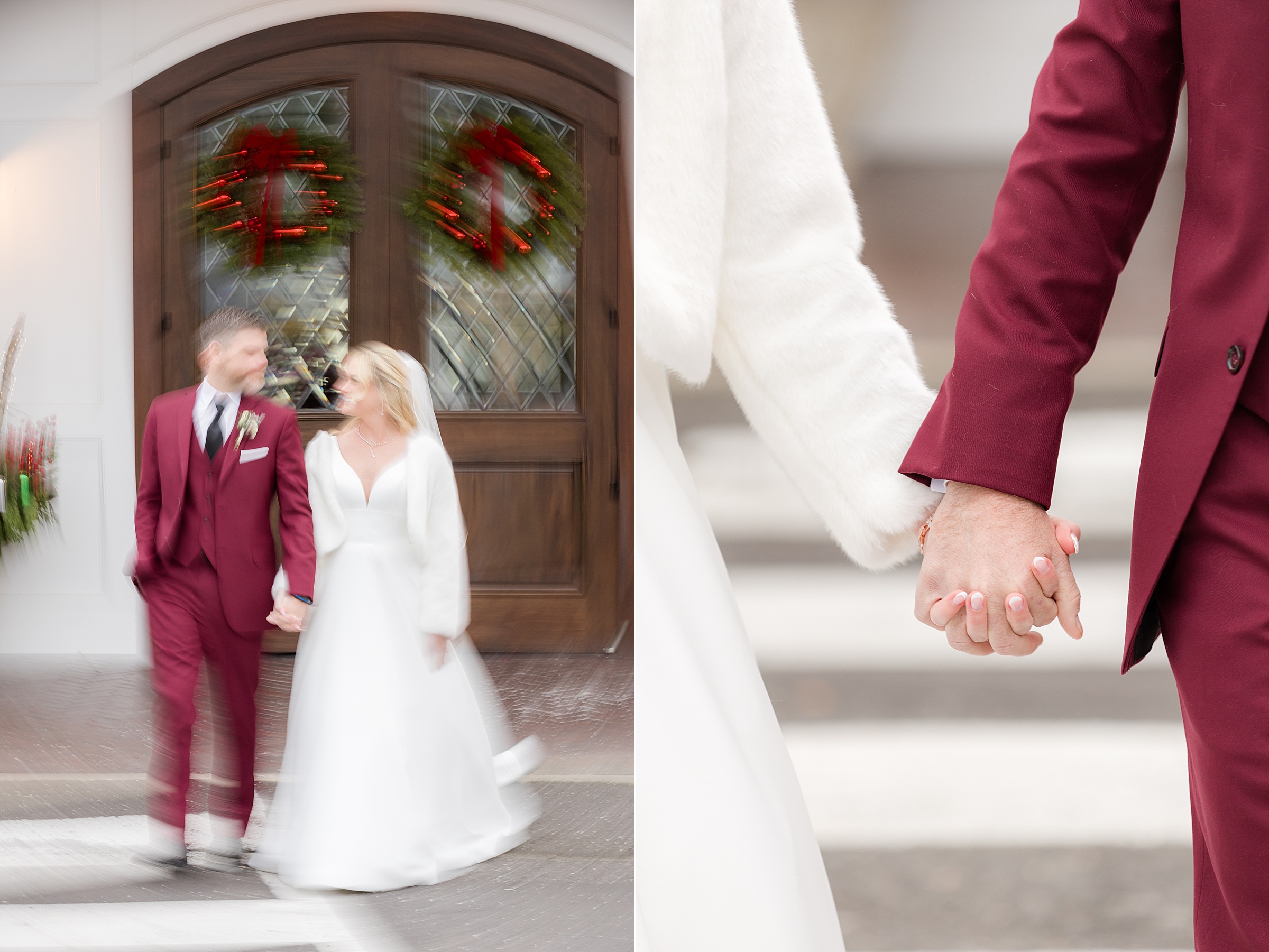 Bride and groom walk together, with a soft blur capturing their movement and closeness.