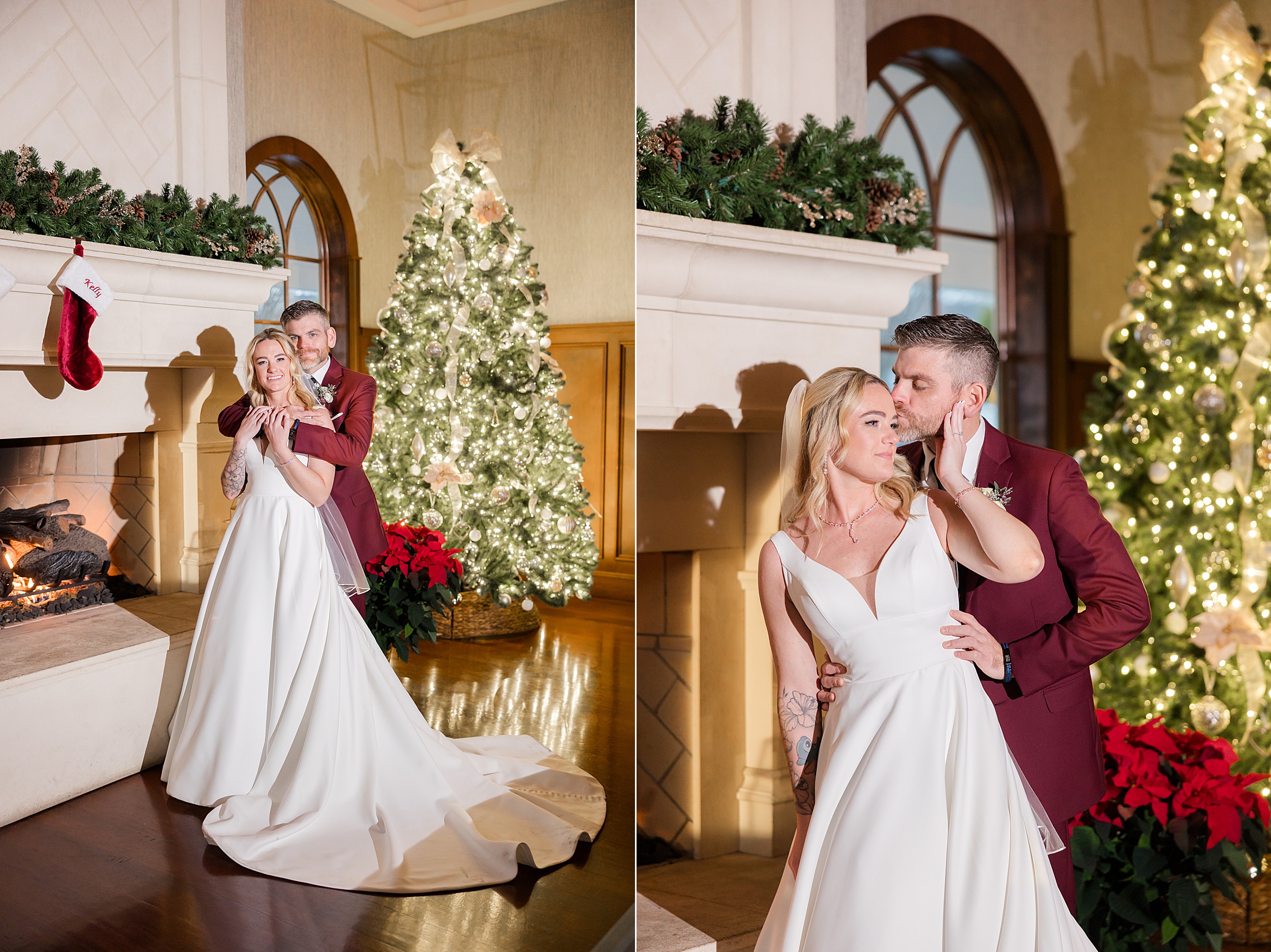 Bride and groom share tender embraces by a glowing Christmas tree and fireplace in a warm, intimate setting.