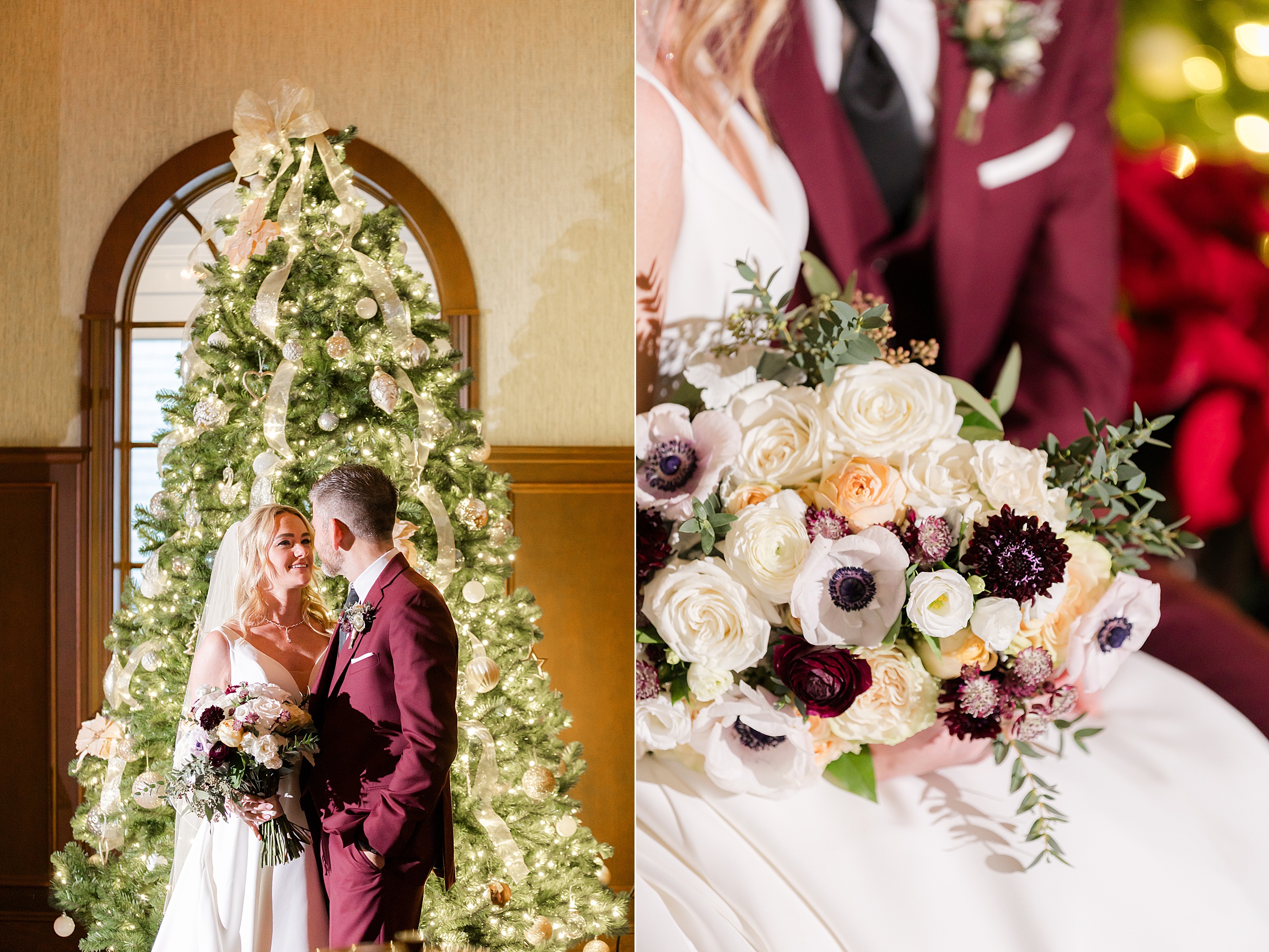 Bride and groom stand close by a glowing Christmas tree, alongside a soft close up of her bouquet with ivory and burgundy blooms.