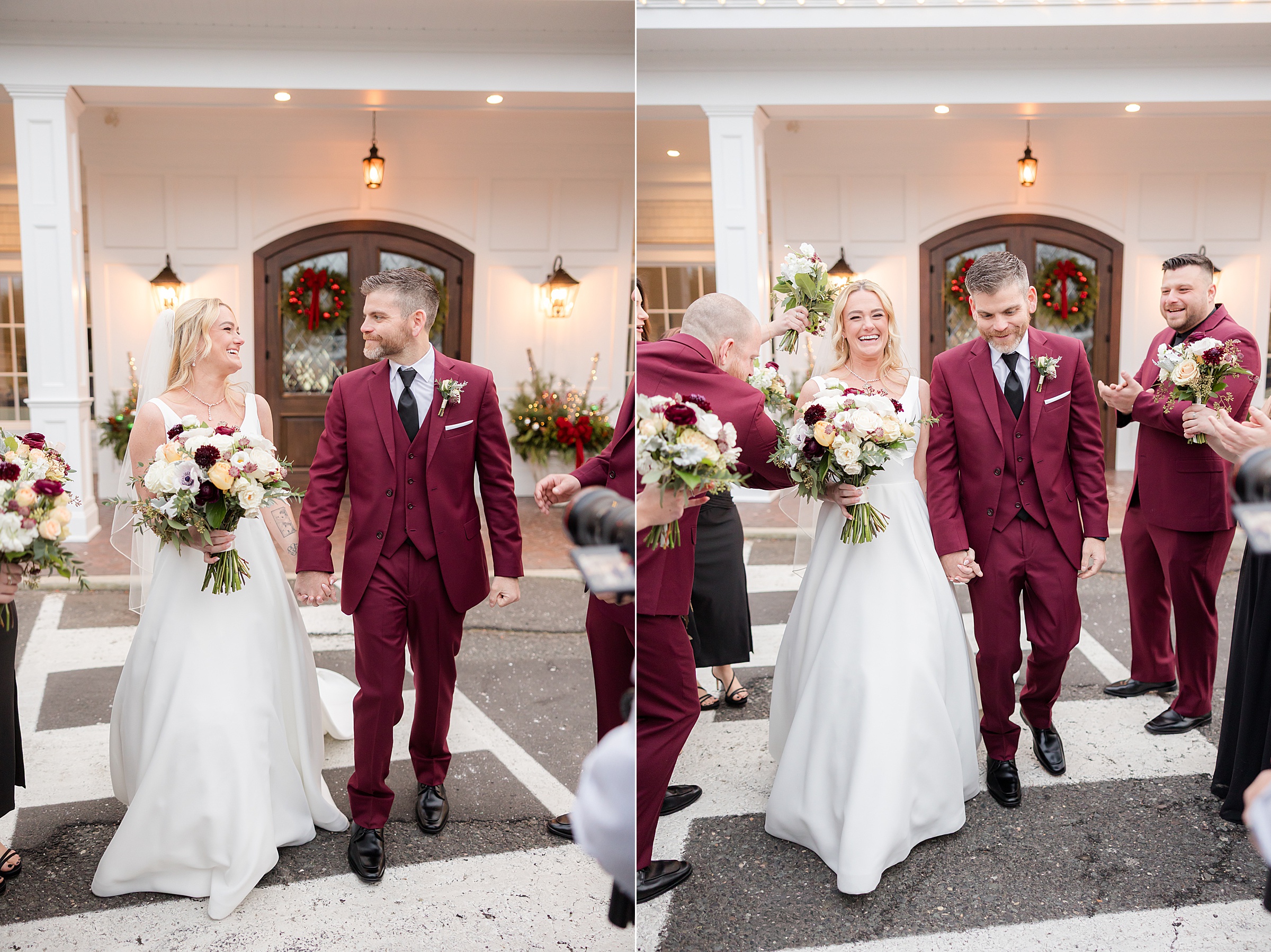 Bride and groom walk together outside their venue, smiling at each other as guests surround them with bouquets and celebration, capturing a joyful and romantic newlywed moment.