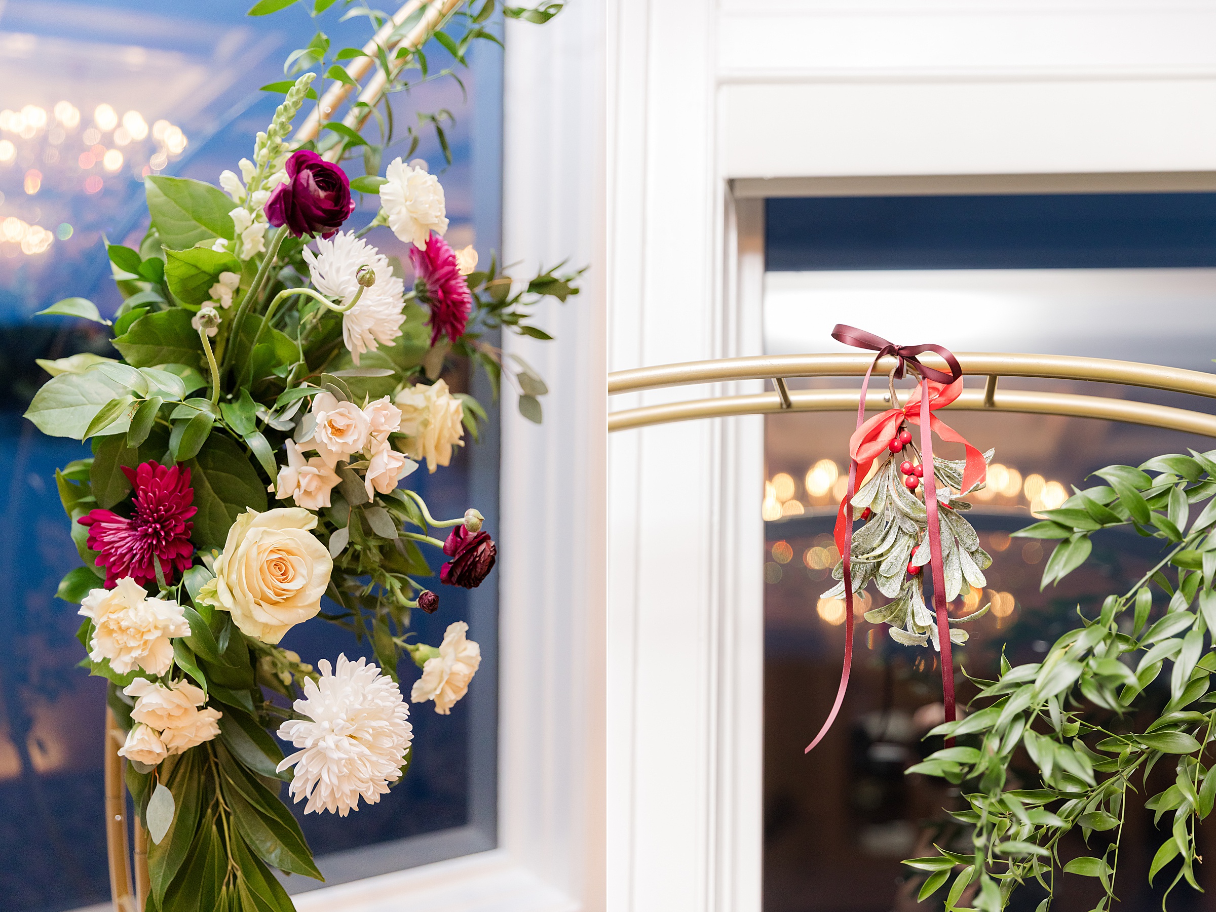 Lush florals and greenery tied with a ribbon, adding a romantic and festive detail to the ceremony décor.
