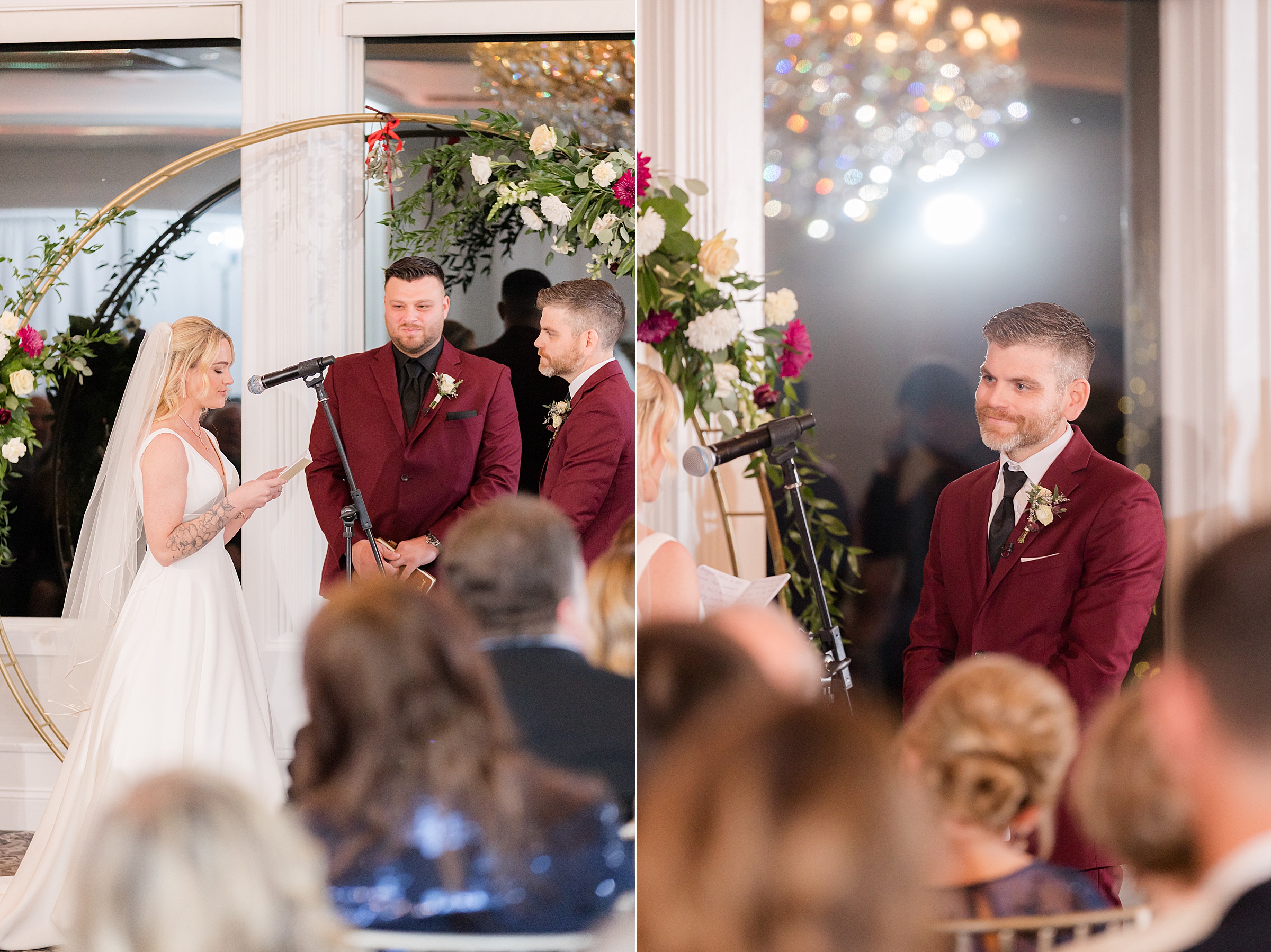Bride reads her vows with emotion while the groom listens lovingly, framed by soft lighting and floral details.